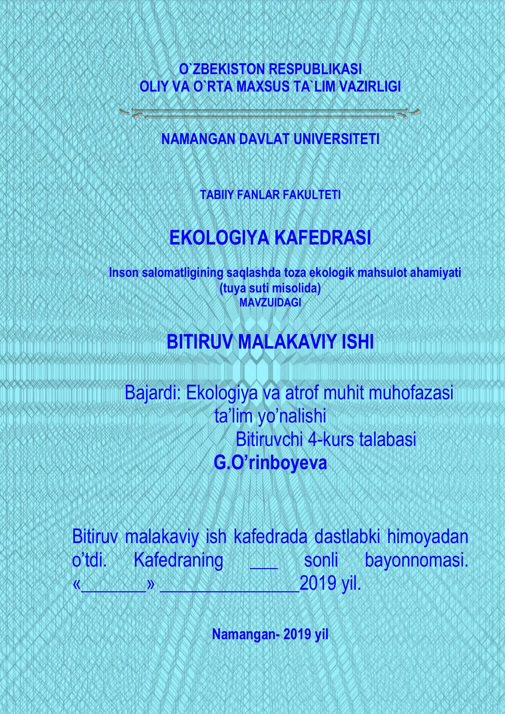 Inson salomatligining saqlashda toza ekologik mahsulot ahamiyati (tuya suti misolida)
