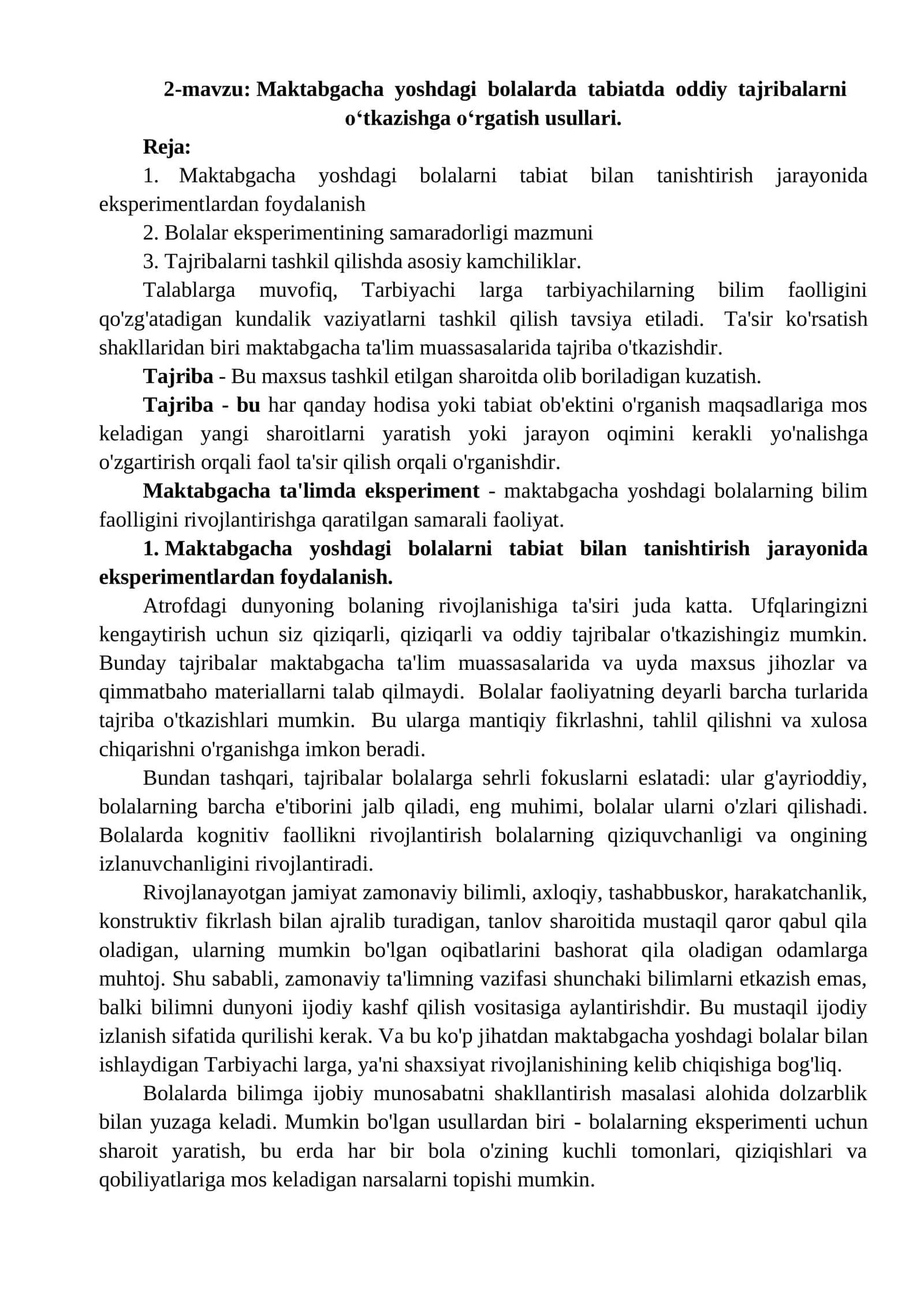 Maktabgacha yoshdagi bolalarda tabiatda oddiy tajribalarni o‘tkazishga o‘rgatish usullari