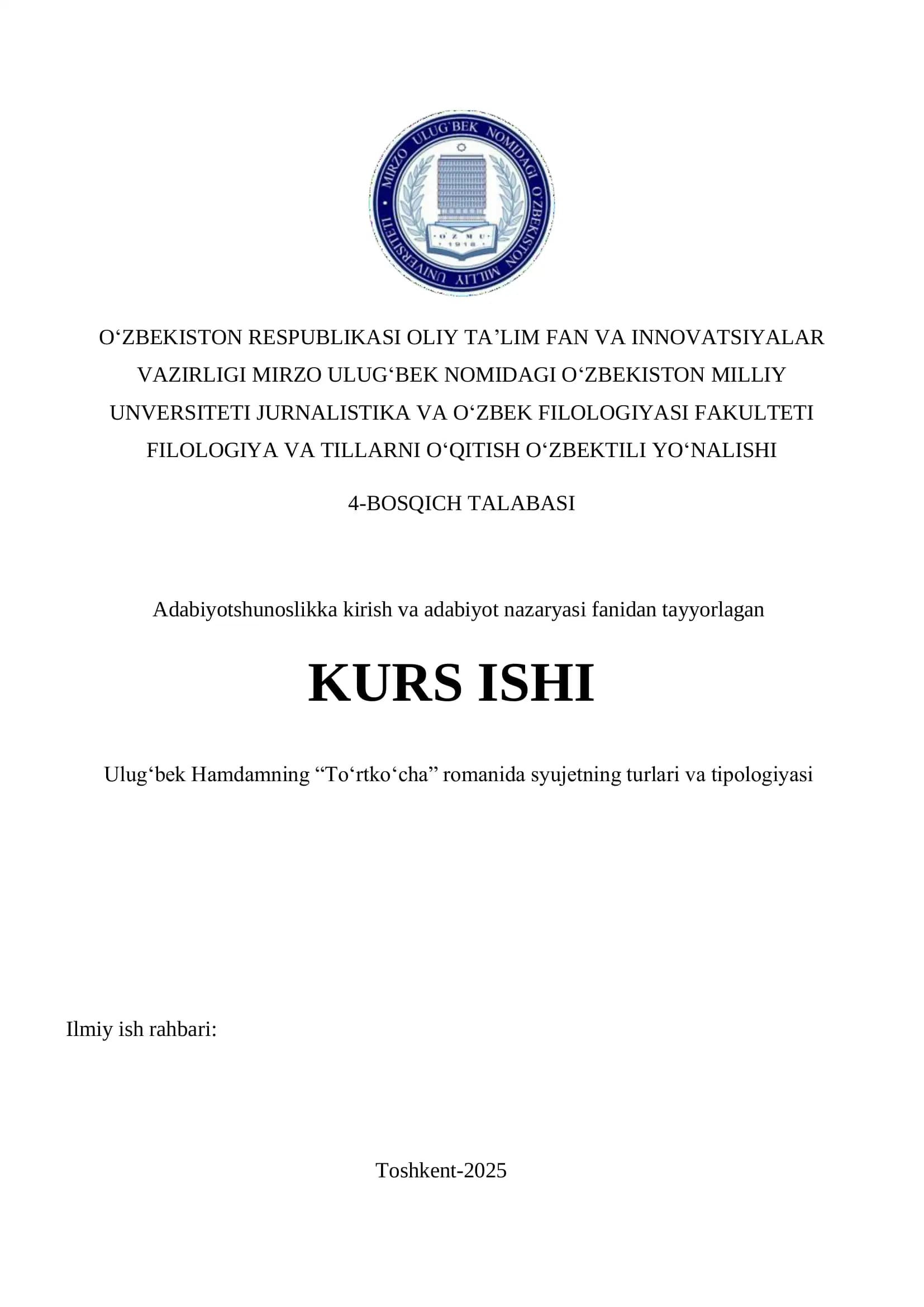 Ulug‘bek Hamdamning “To‘rtko‘cha” romanida syujetning turlari va tipologiyasi