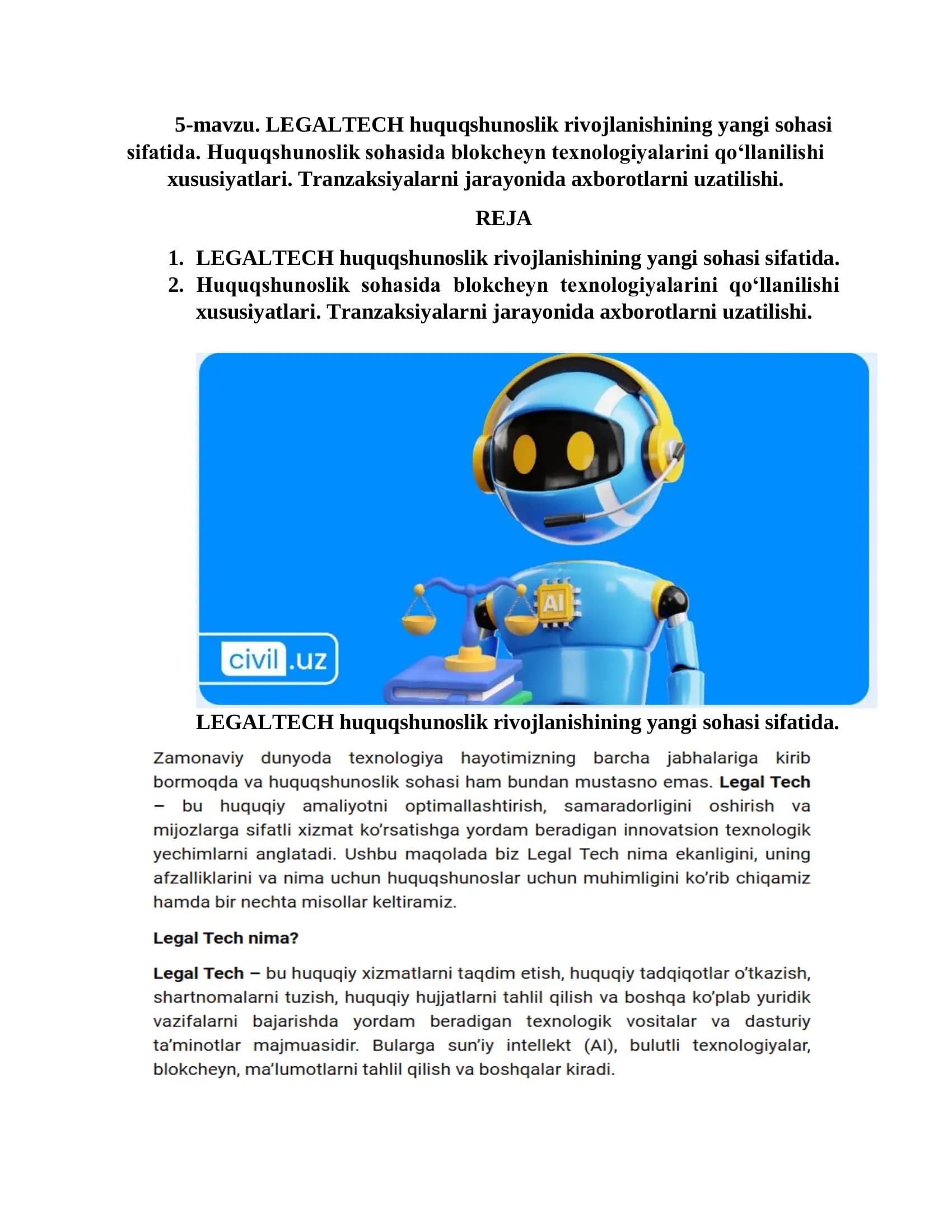 LEGALTECH huquqshunoslik rivojlanishining yangi sohasi