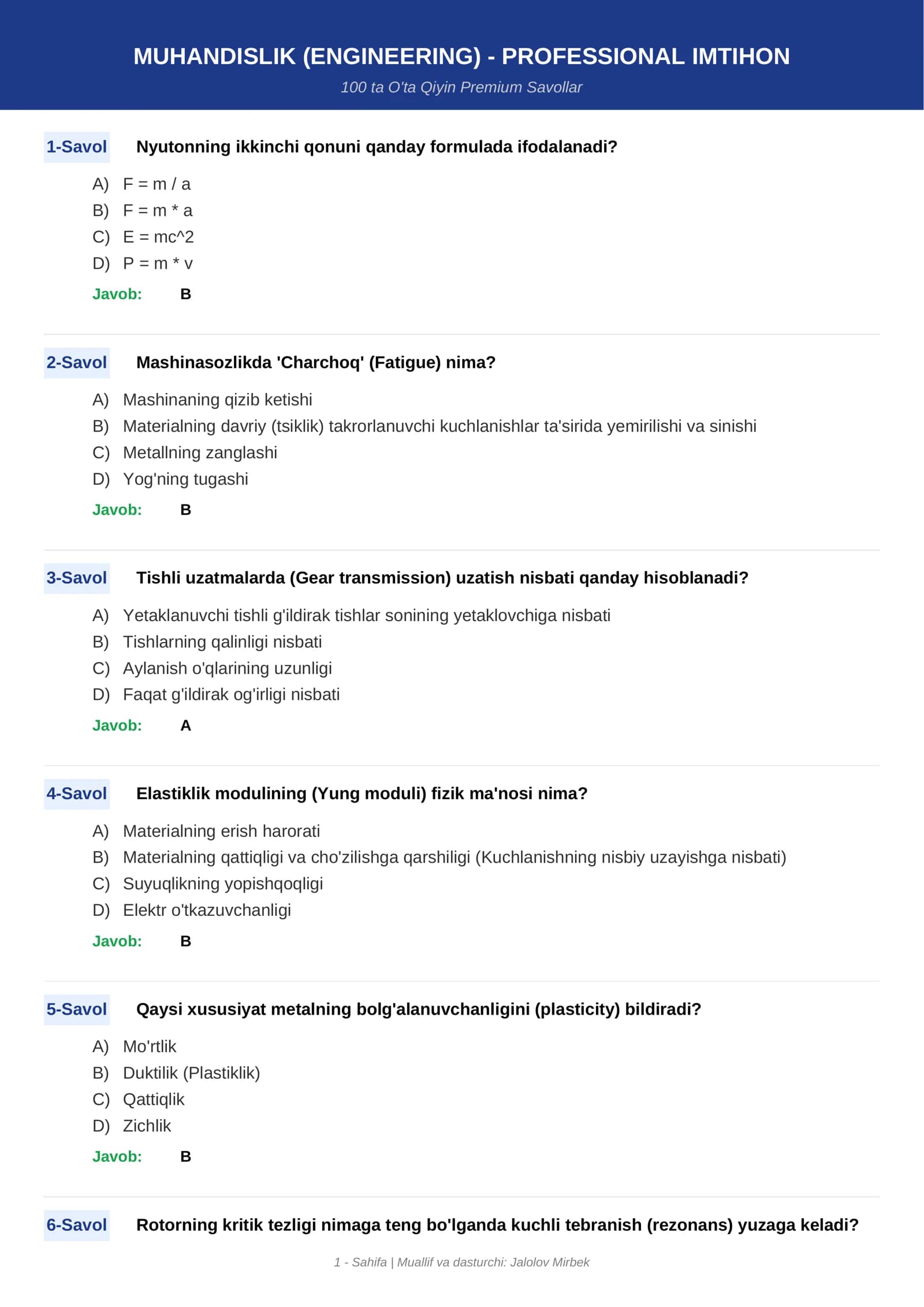 MUHANDISLIK (ENGINEERING) - PROFESSIONAL IMTIHON