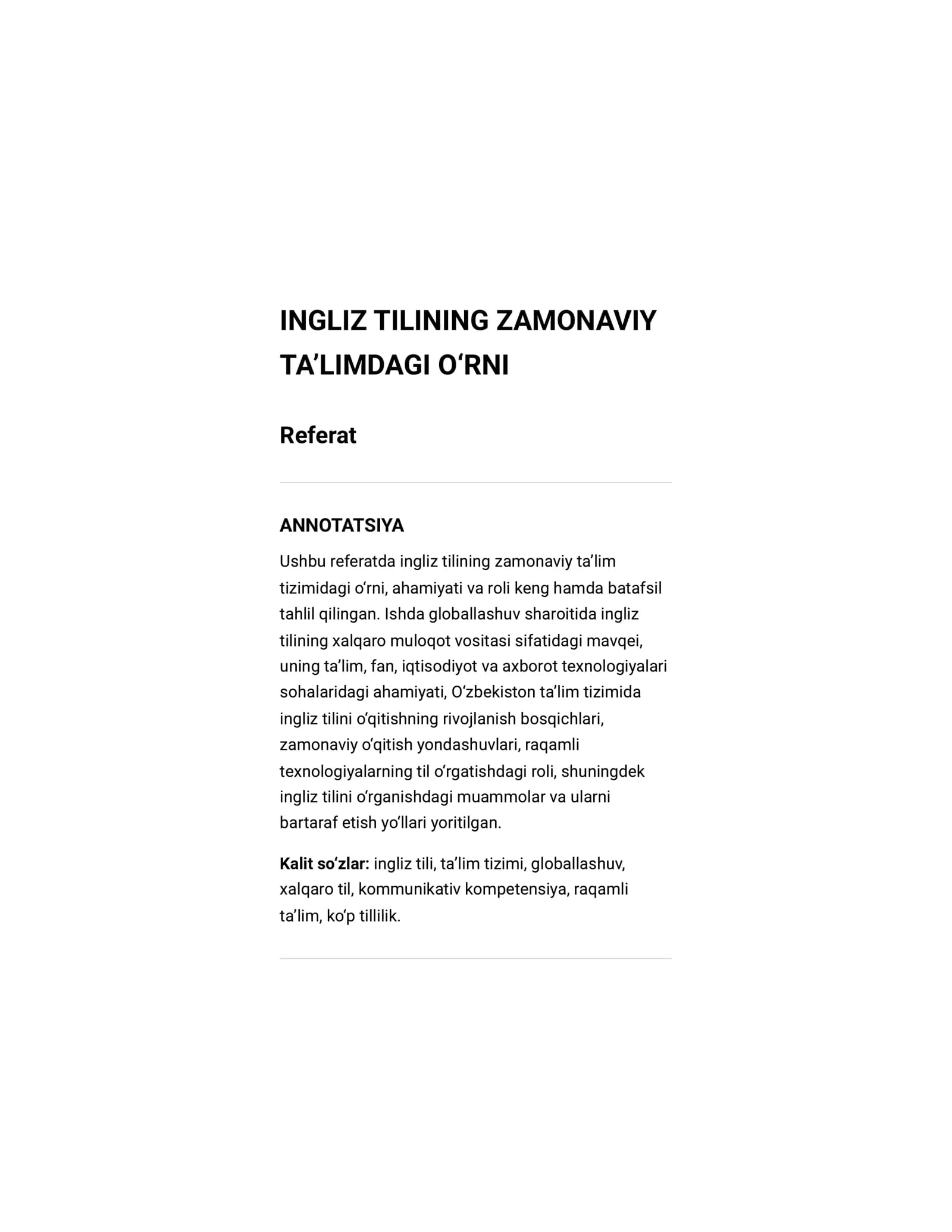 Ingliz tilini zamonaviy taʼlimdagi oʻrni