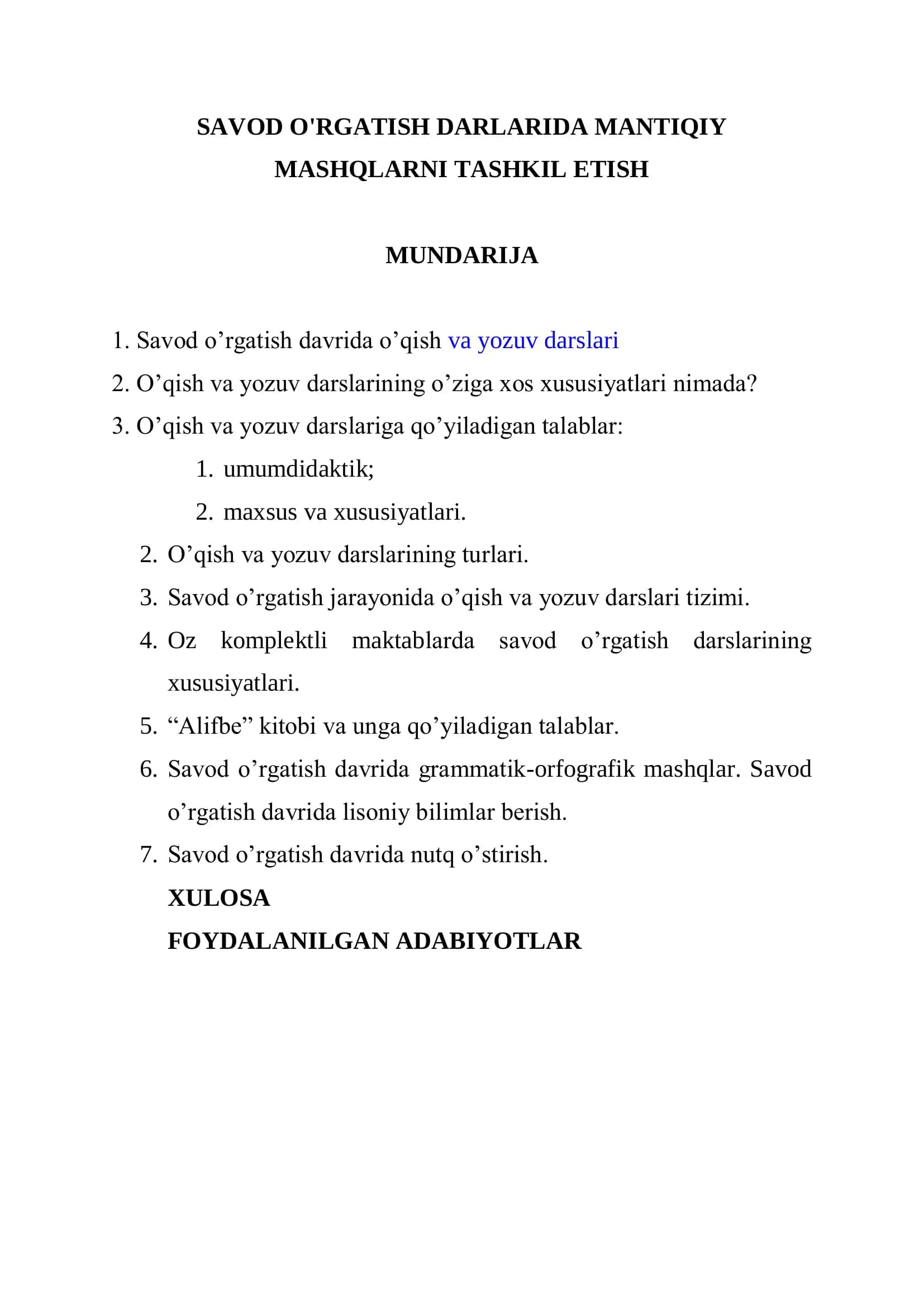 Savod o'rgatish darlarida mantiqiy