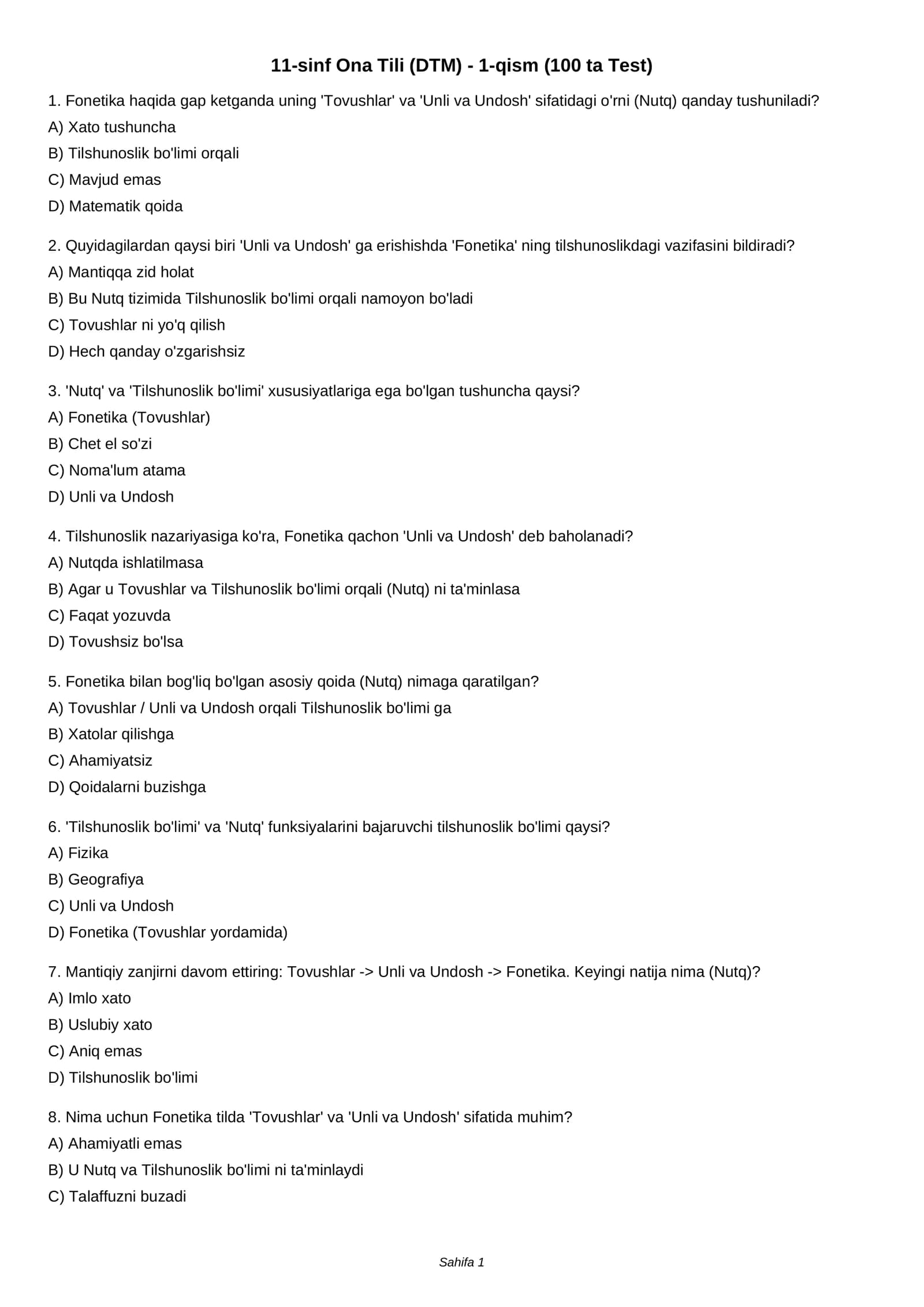 11-sinf Ona Tili (DTM) - 1-qism (100 ta Test)