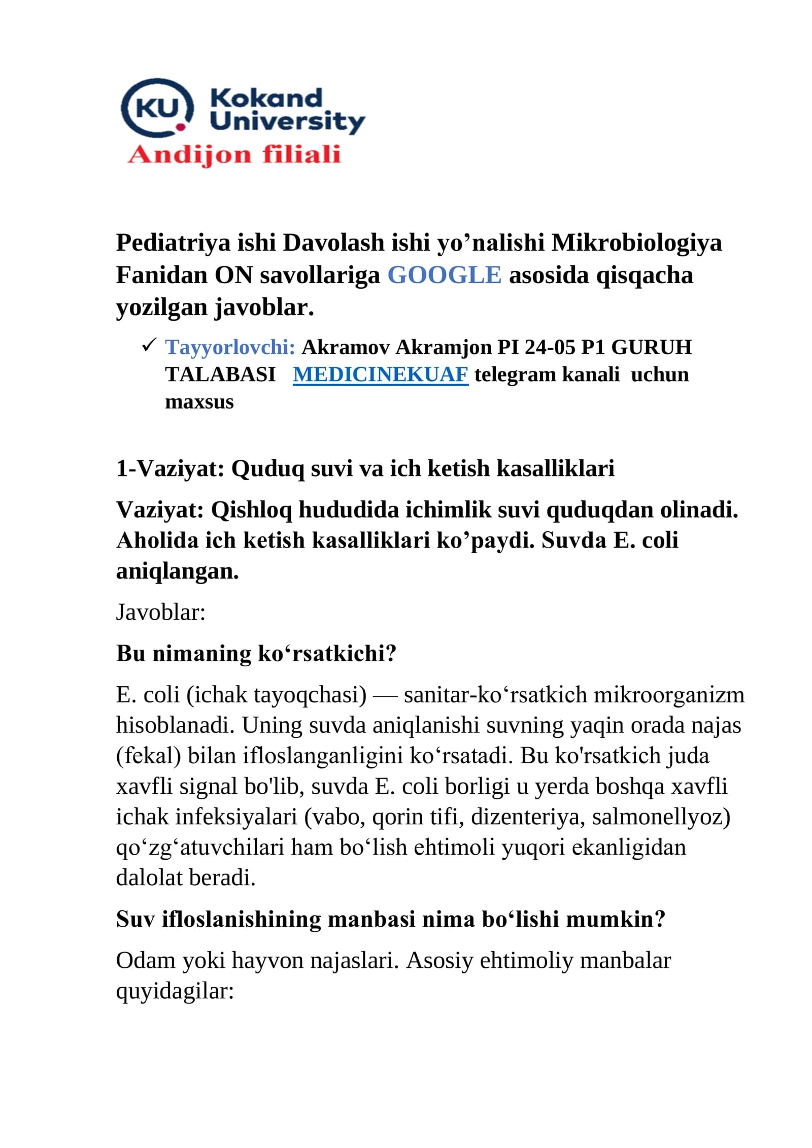 Pediatriya ishi Davolash ishi yo’nalishi Mikrobiologiya
