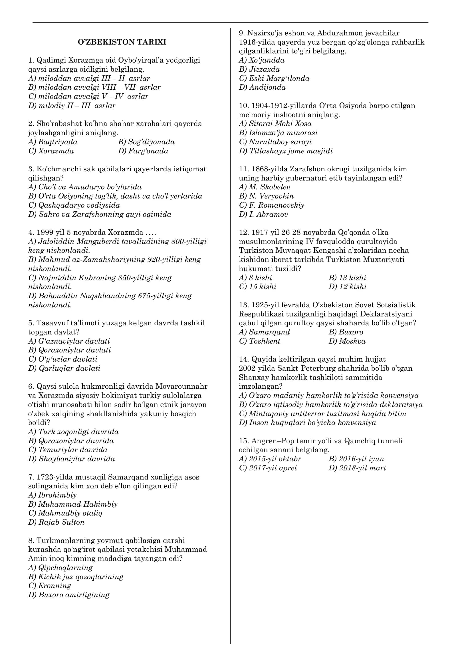 o`zbekiston tarixi fanidan majburiy blok testi