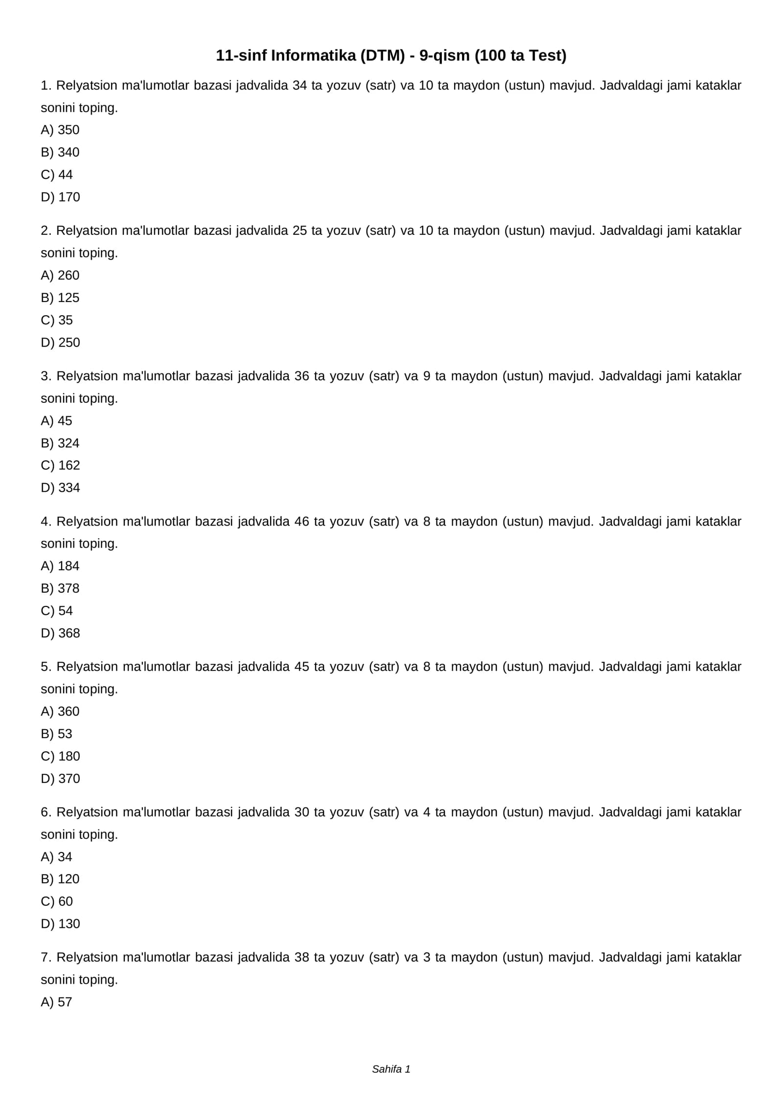 11-sinf Informatika (DTM) - 9-qism (100 ta Test)
