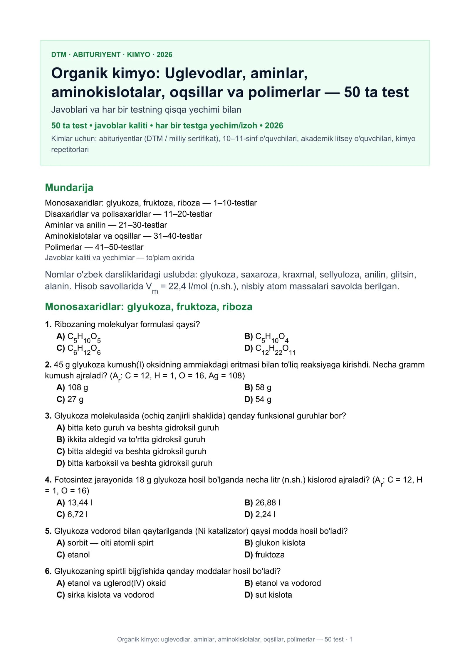 Organik kimyo: uglevodlar, aminlar, aminokislotalar, oqsillar, polimerlar — 50 test