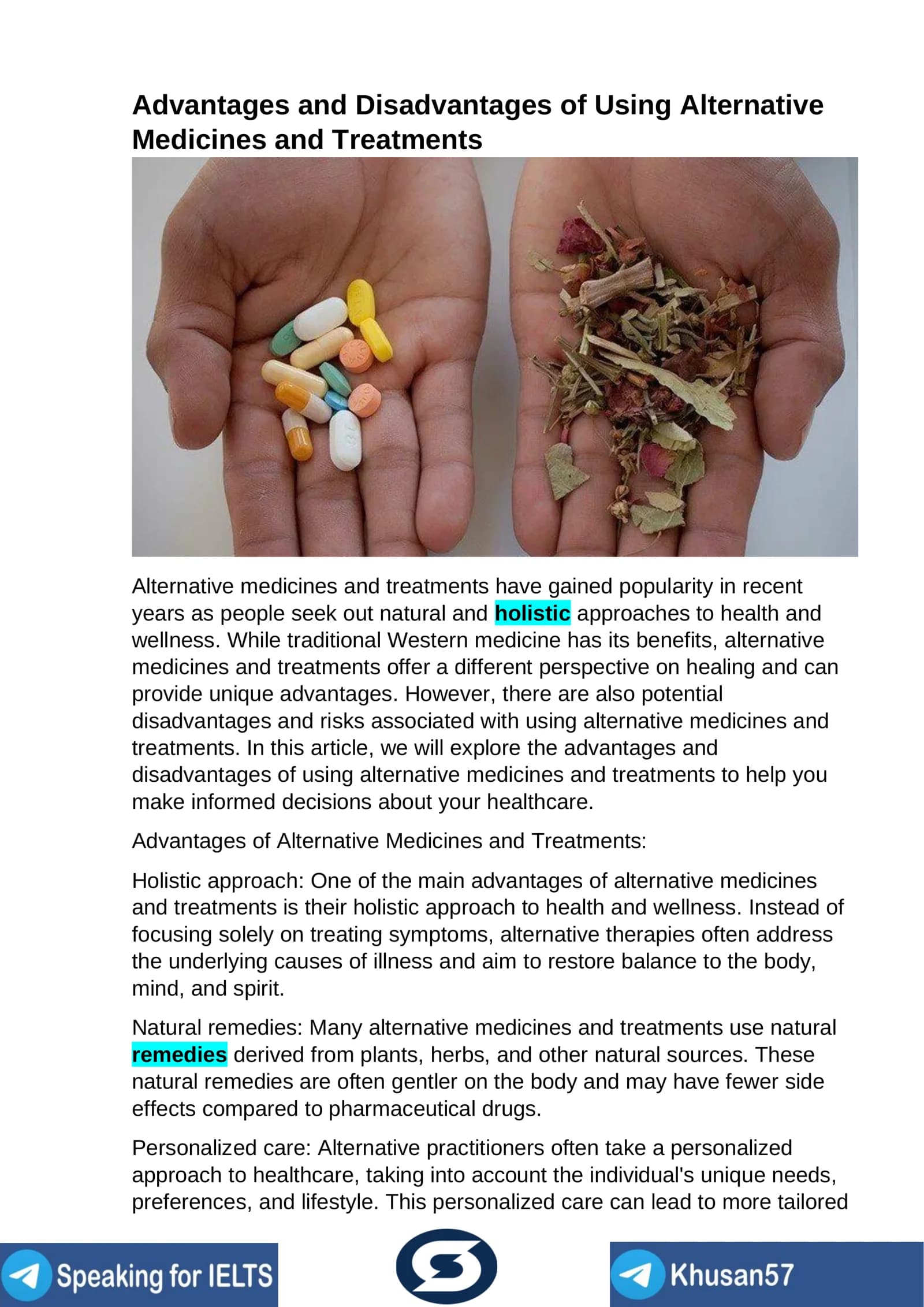 Advantages and Disadvantages of Using Alternative Medicines and Treatments