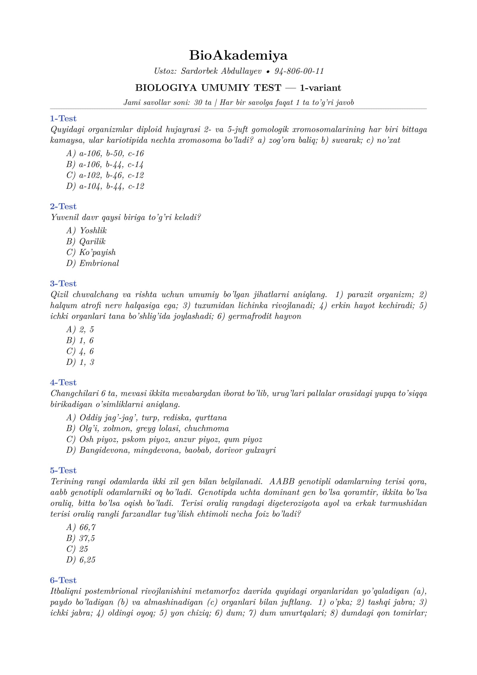 Biologiya 30 talik mock Test Javobli