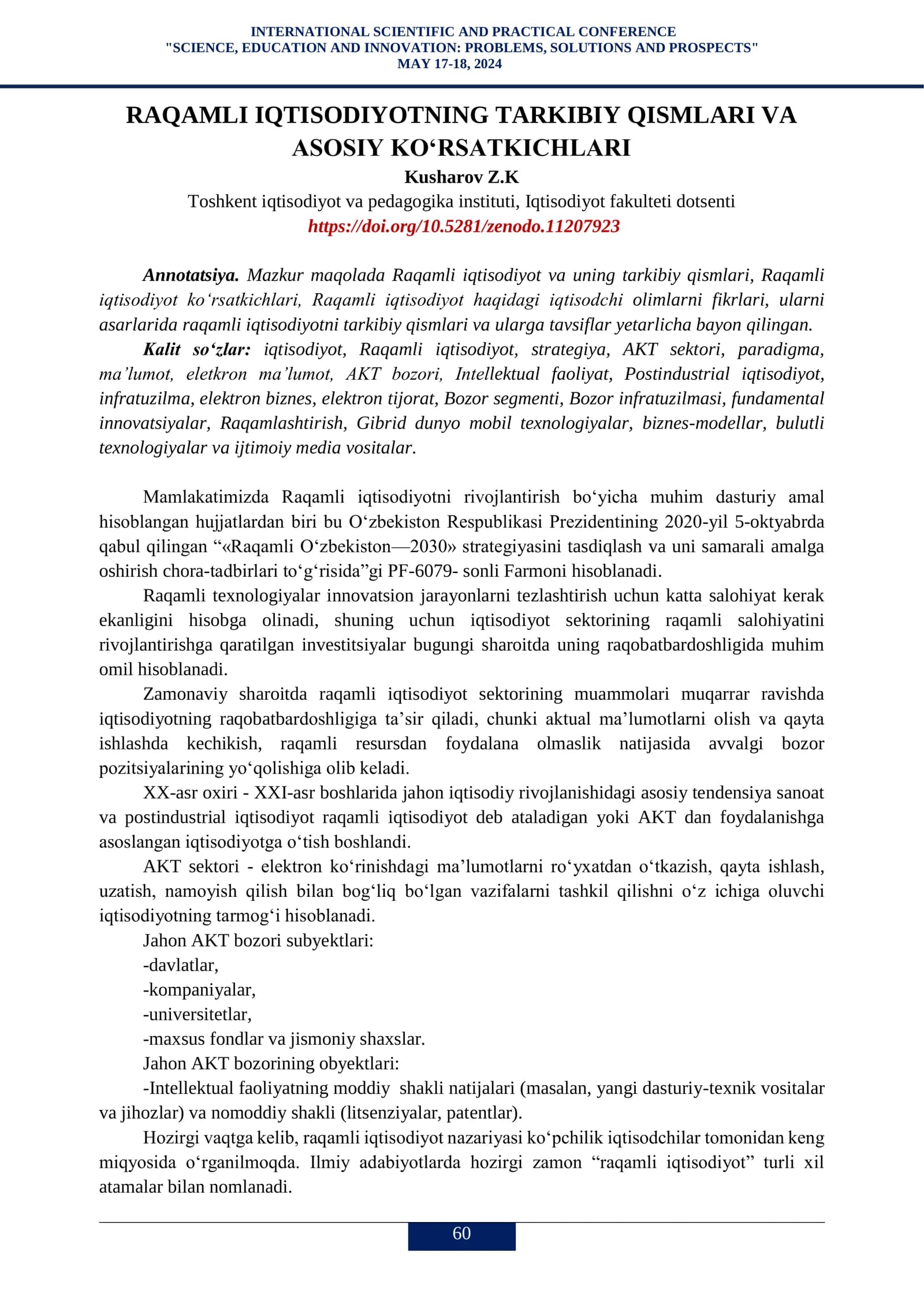 RAQAMLI IQTISODIYOTNING TARKIBIY QISMLARI VA ASOSIY KO‘RSATKICHLARI