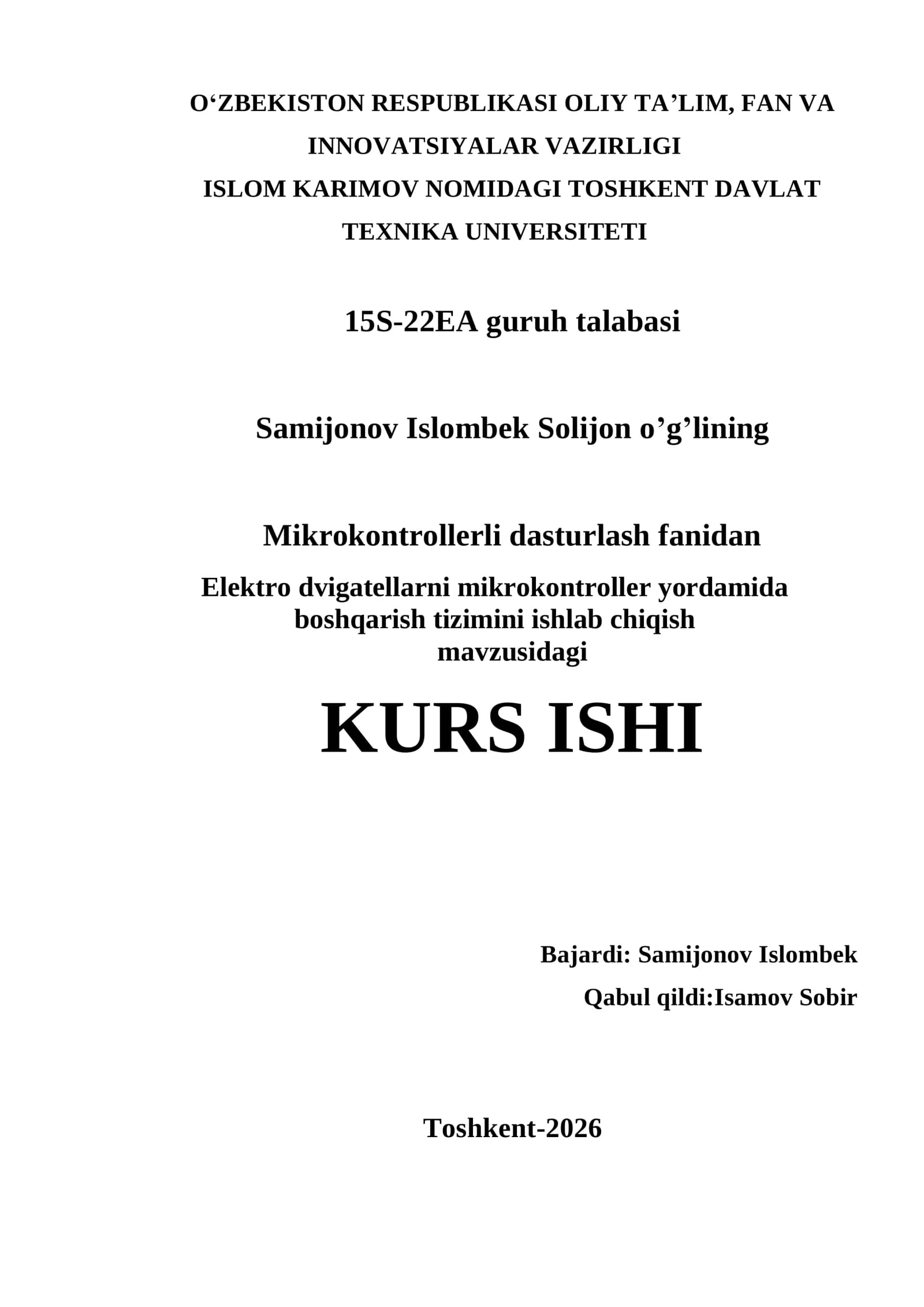 Elektro dvigatellarni mikrokontroller yordamida boshqarish tizimini ishlab chiqish
