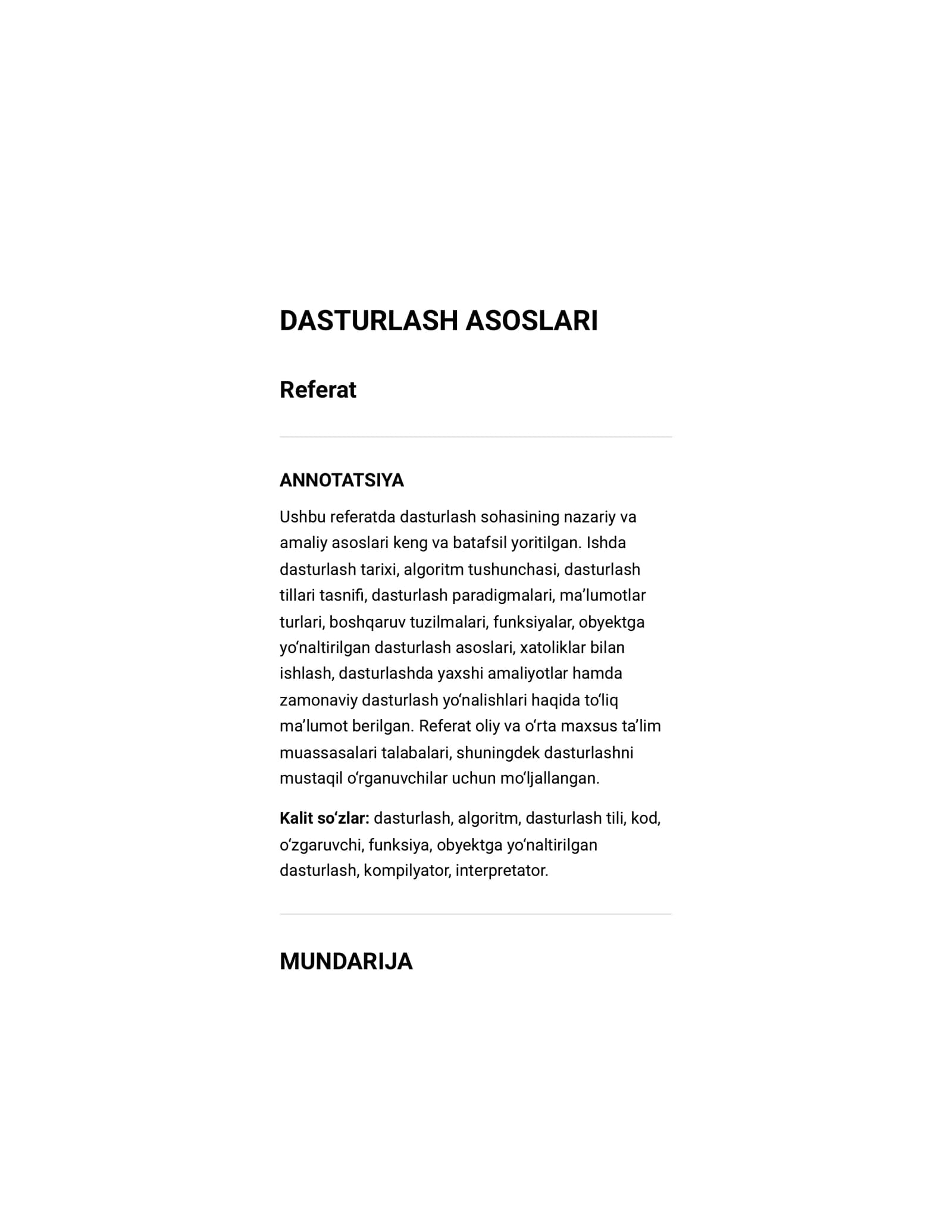 Referat dasturlash asoslari