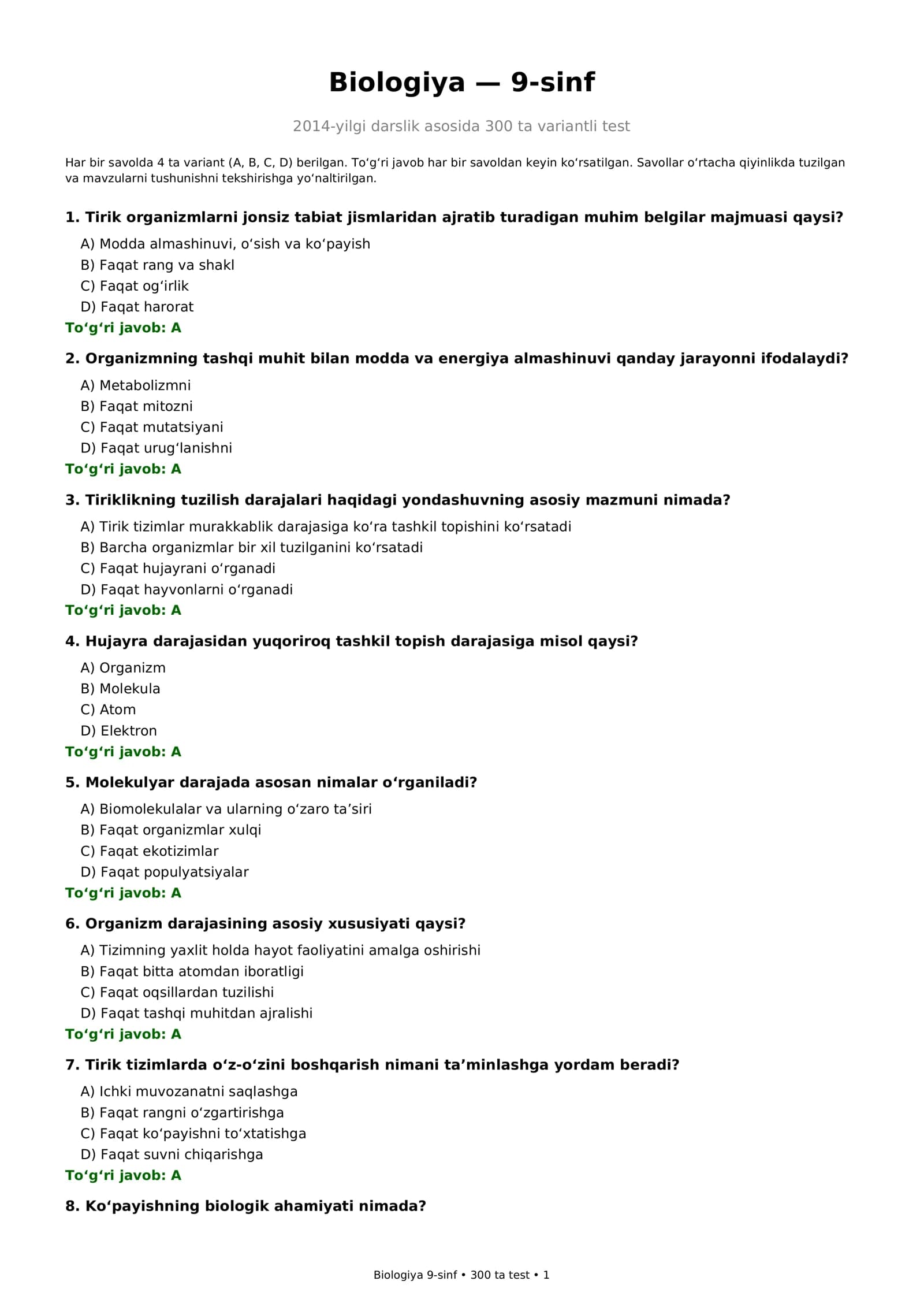9-SINF BIOLOGIYA — 300 TA TEST + JAVOBLAR