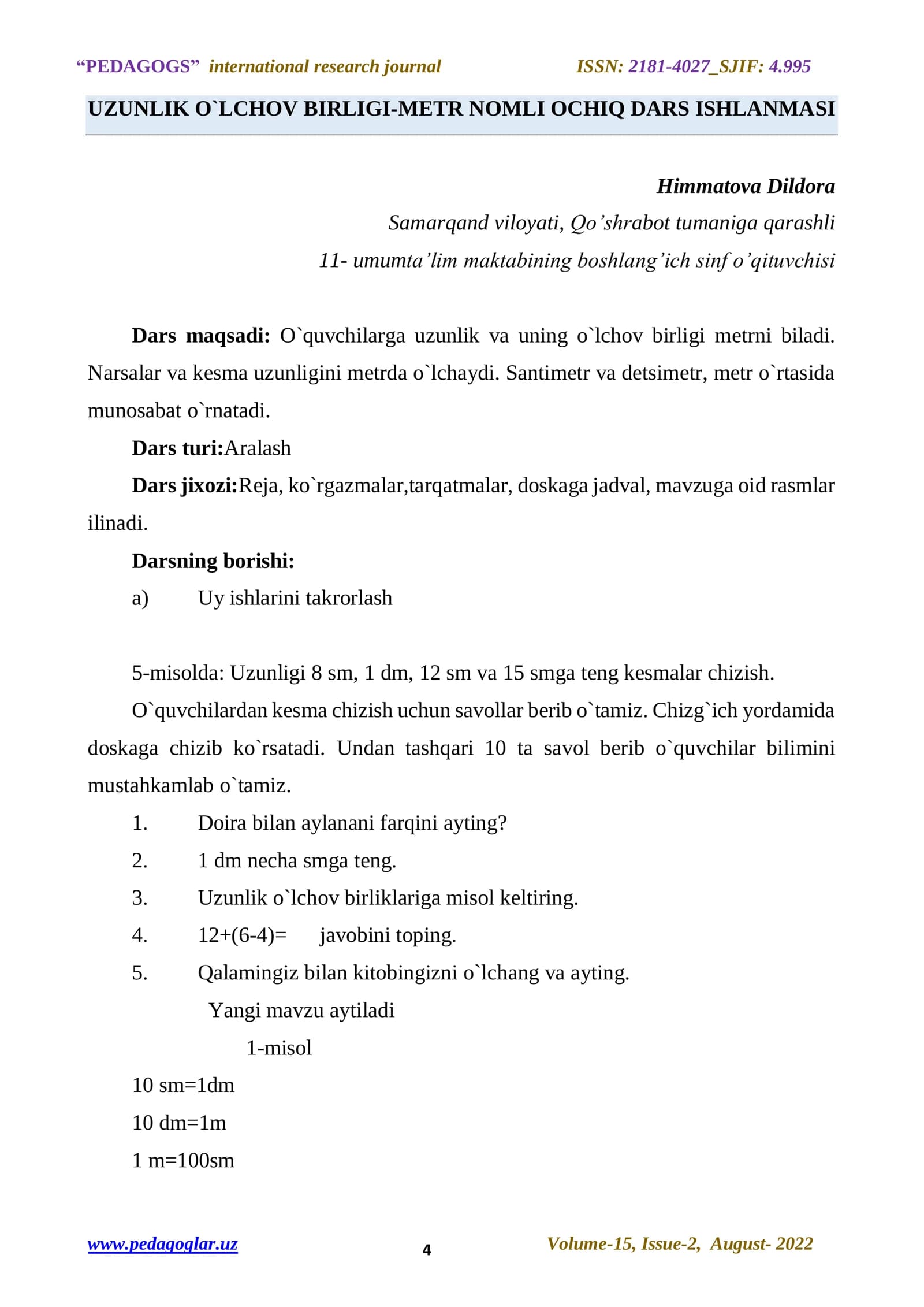 UZUNLIK O`LCHOV BIRLIGI-METR NOMLI OCHIQ DARS ISHLANMASI
