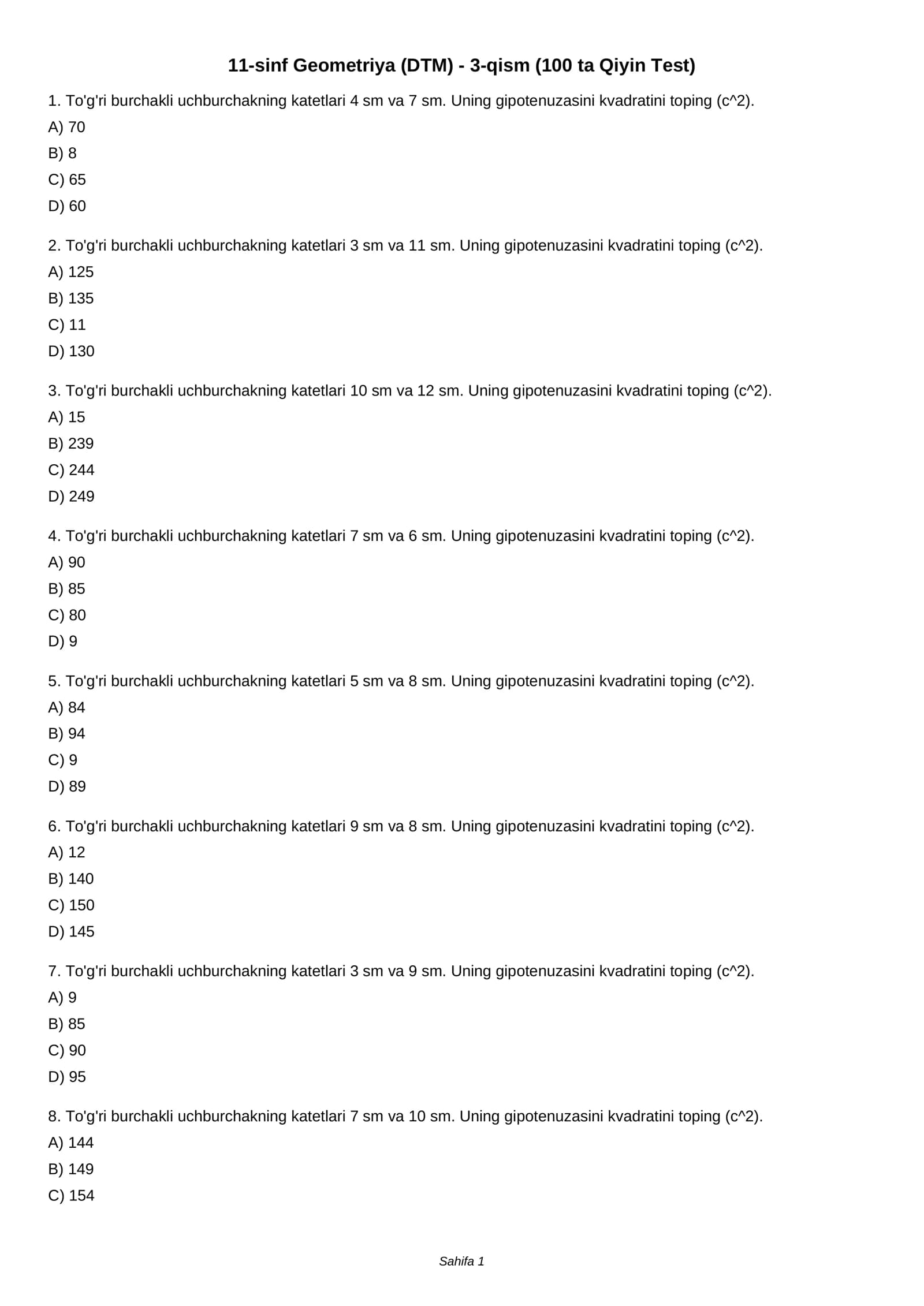 11-sinf Geometriya (DTM) - 3-qism (100 ta Qiyin Test)