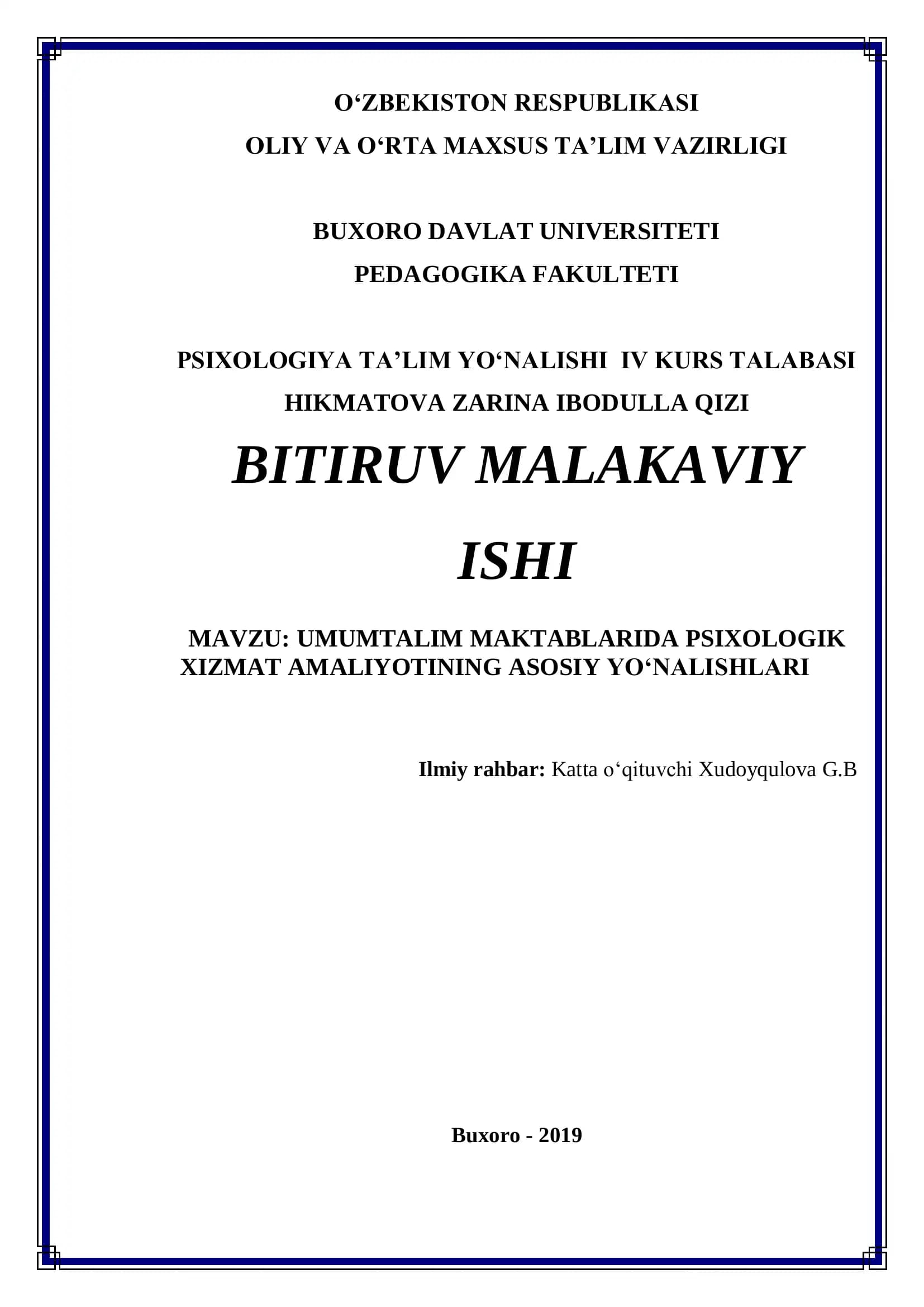UMUMTALIM MAKTABLARIDA PSIXOLOGIK XIZMAT AMALIYOTINING ASOSIY YO‘NALISHLARI
