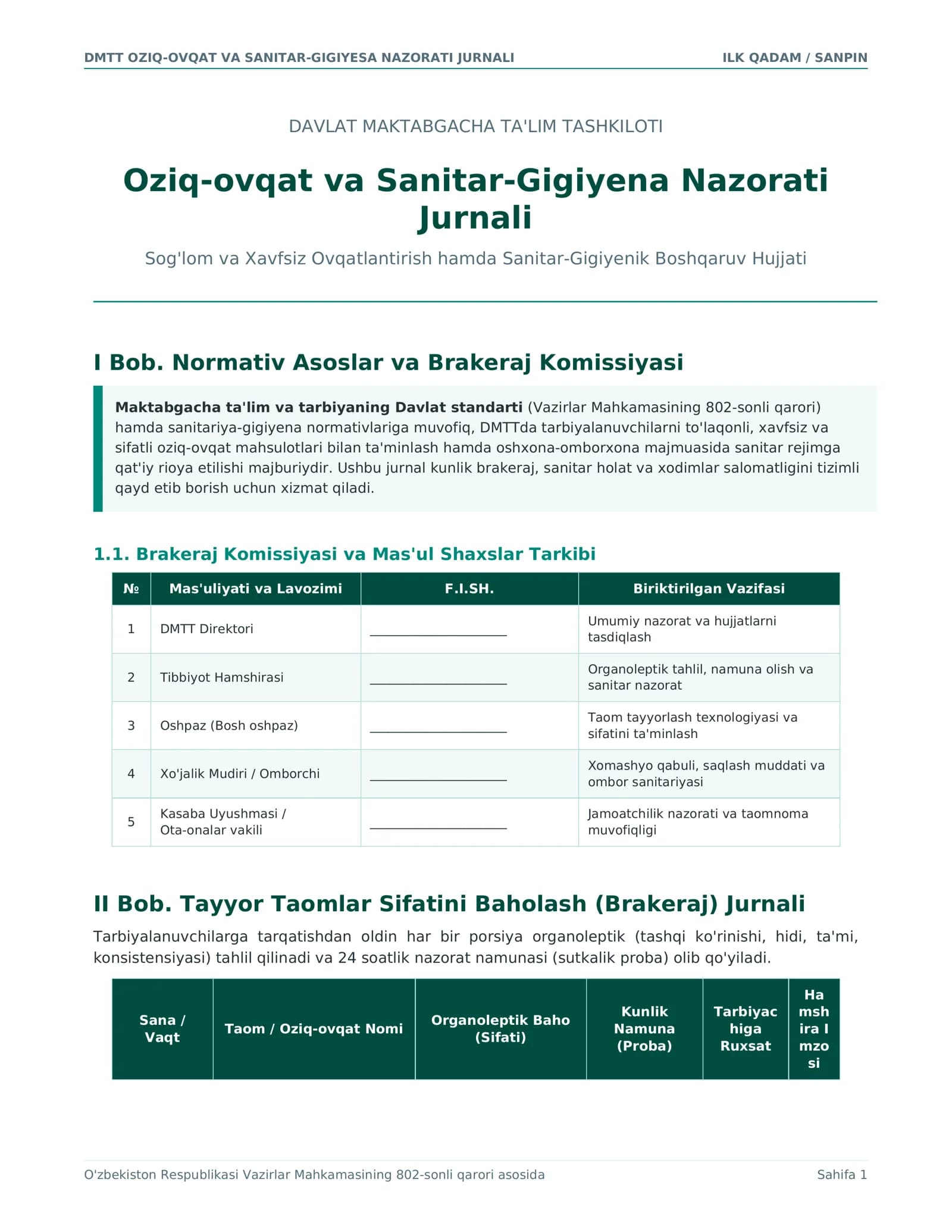 Oziq-Ovqat va Sanitar-Gigiyesa Nazorati Jurnali