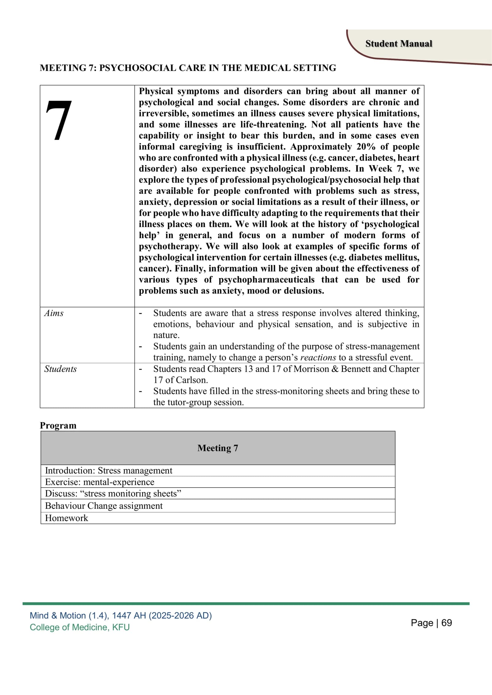 MEETING 7: PSYCHOSOCIAL CARE IN THE MEDICAL SETTING