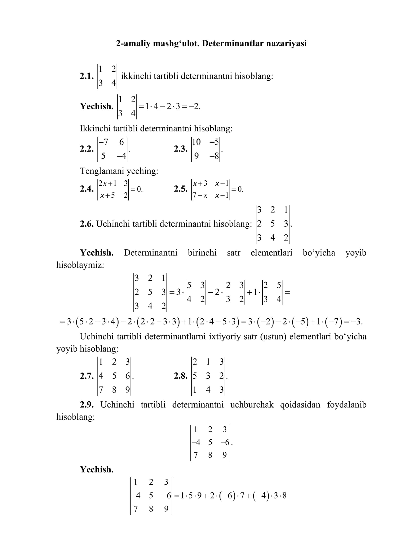 2-amaliy mashg‘ulot. Determinantlar nazariyasi
