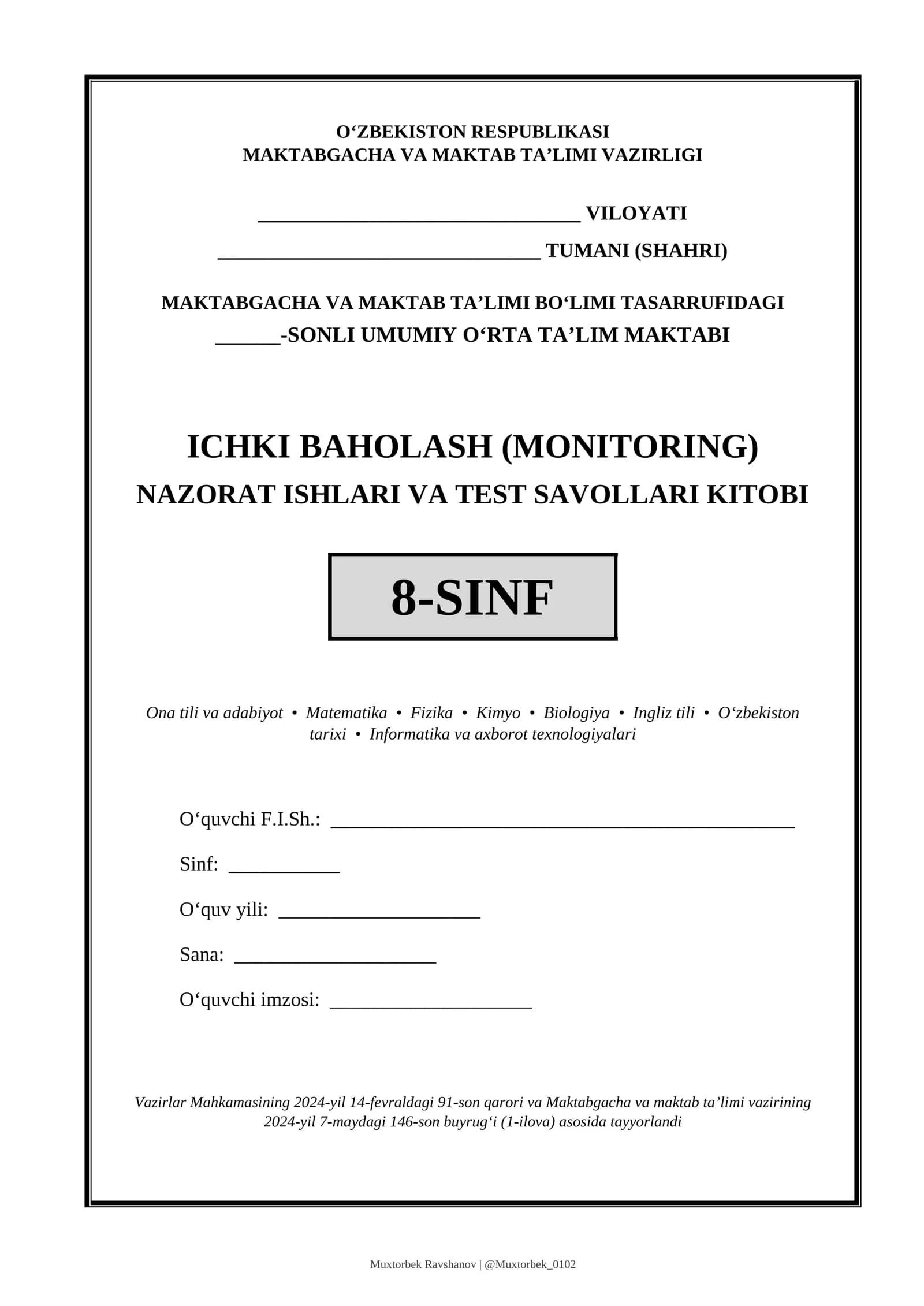 NAZORAT ISHLARI VA TEST SAVOLLARI KITOBI