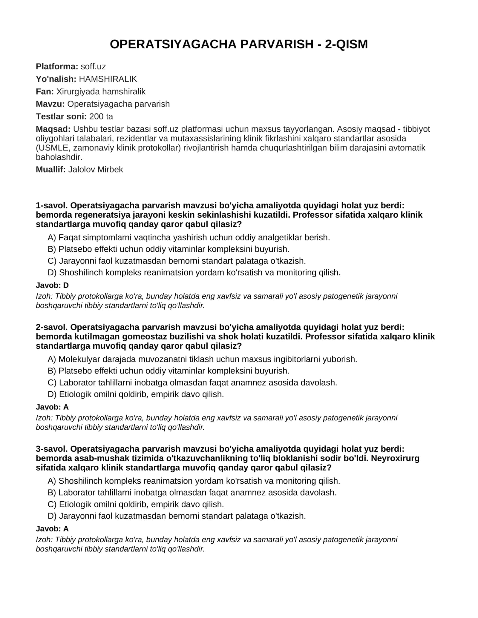 OPERATSIYAGACHA PARVARISH - 2-QISM