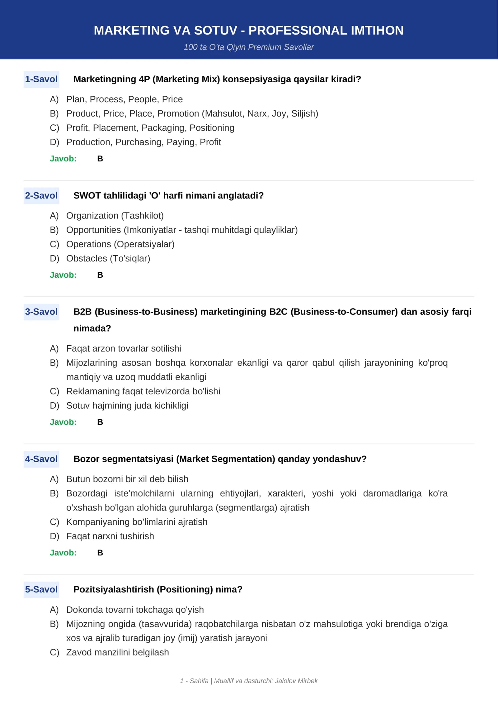 MARKETING VA SOTUV - PROFESSIONAL IMTIHON
