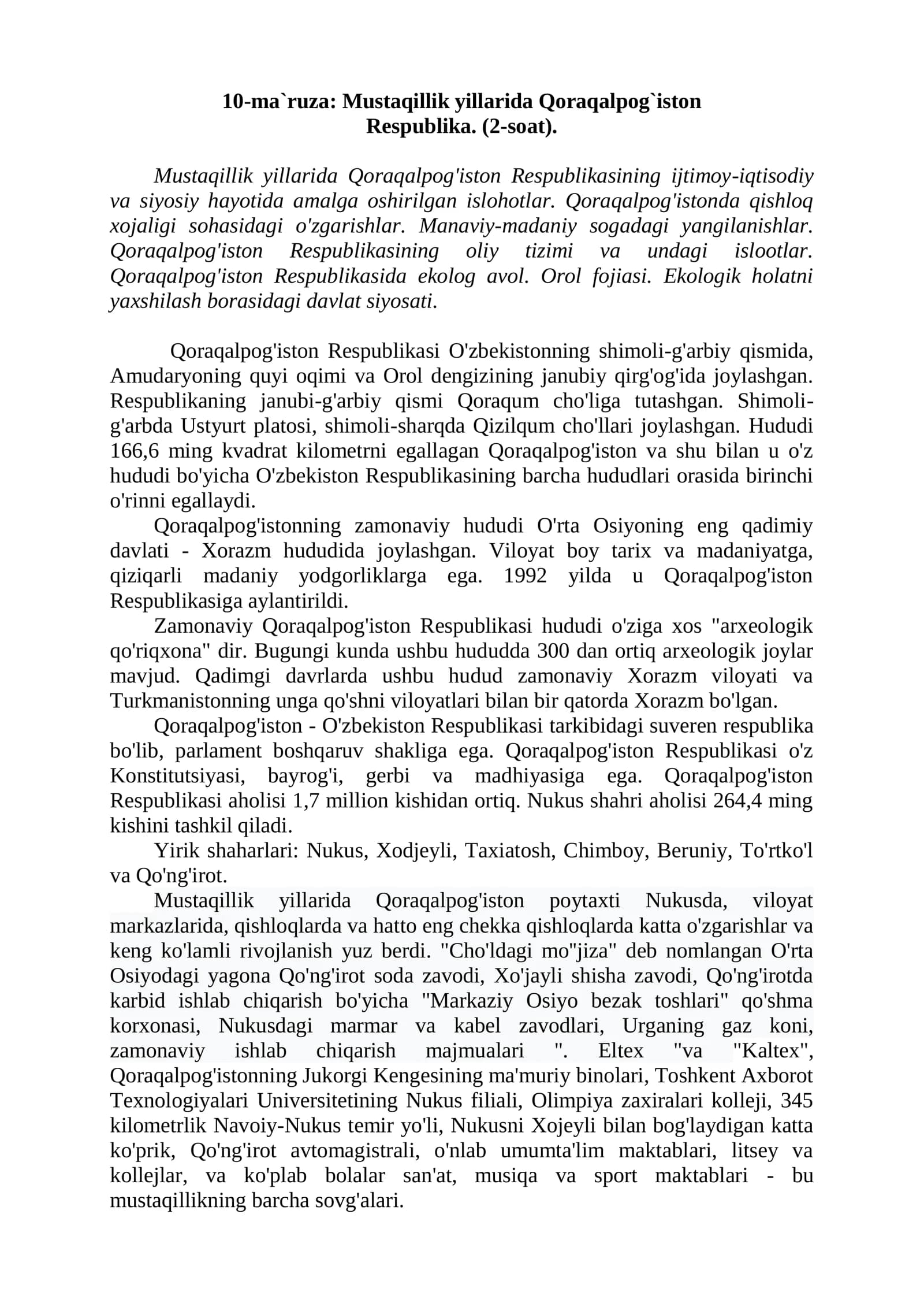 10-ma`ruza: Mustaqillik yillarida Qoraqalpog`iston Respublika