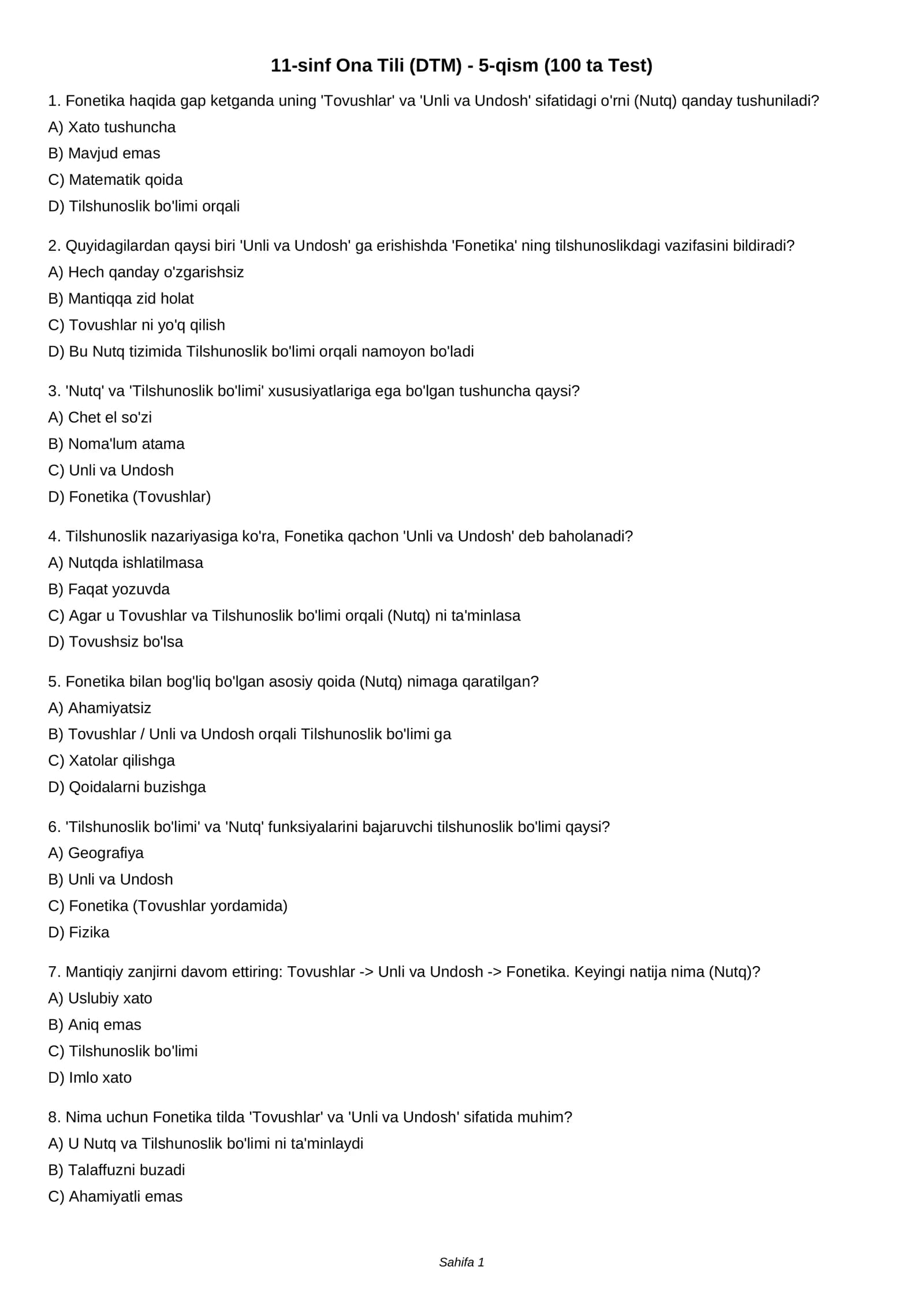 11-sinf Ona Tili (DTM) - 5-qism (100 ta Test)