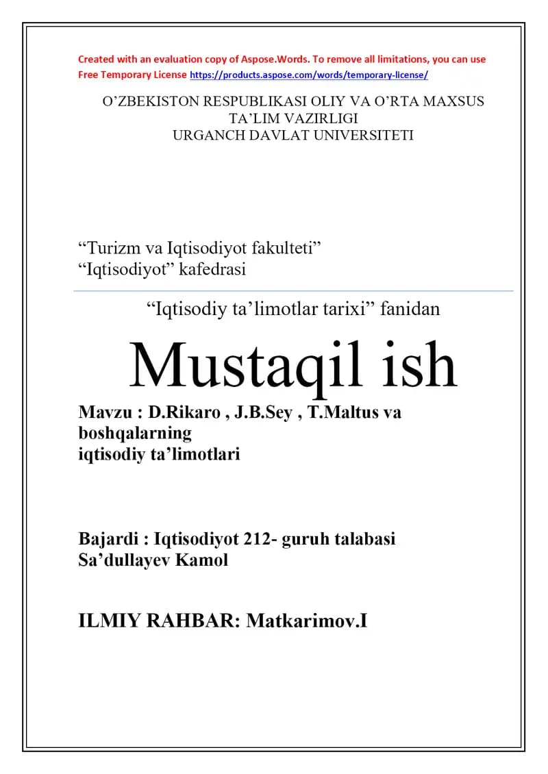 D.Rikaro , J.B.Sey , T.Maltus va boshqalarning  iqtisodiy ta’limotlari