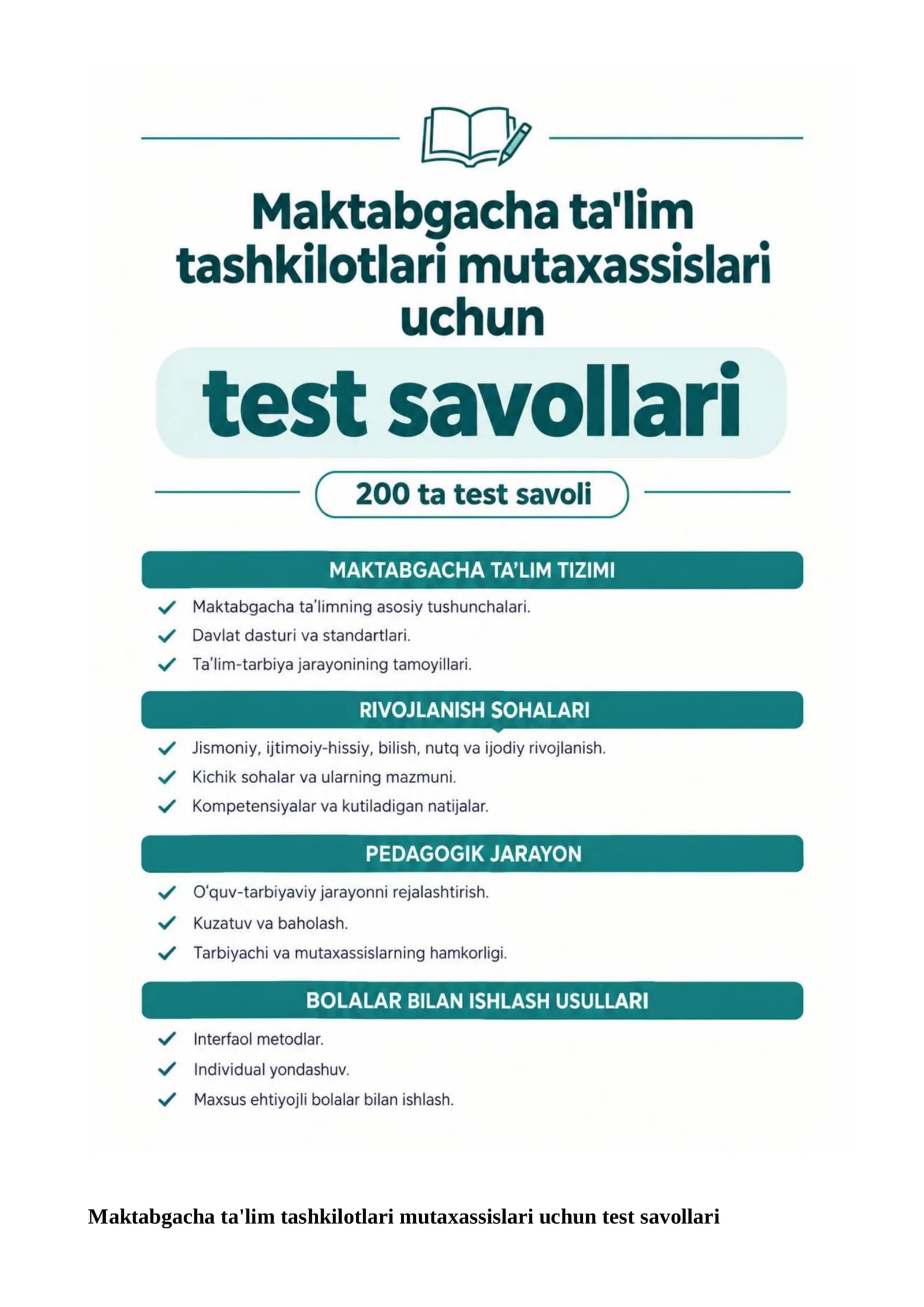 Maktabgacha ta'lim tashkilotlari mutaxassislari uchun test savollari 200-