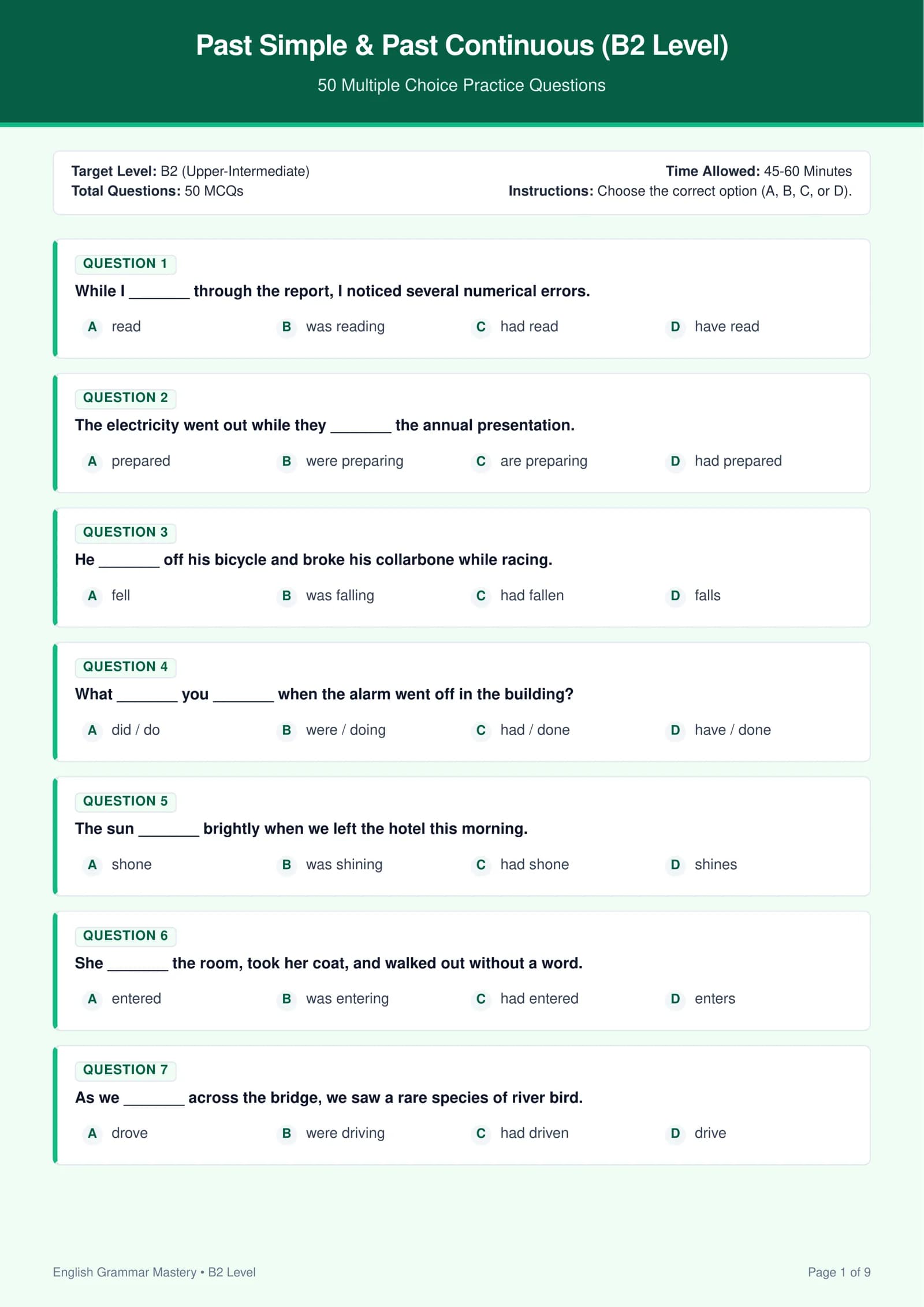 Past Simple & Past Continuous (B2 Level) — 50 Ta Test