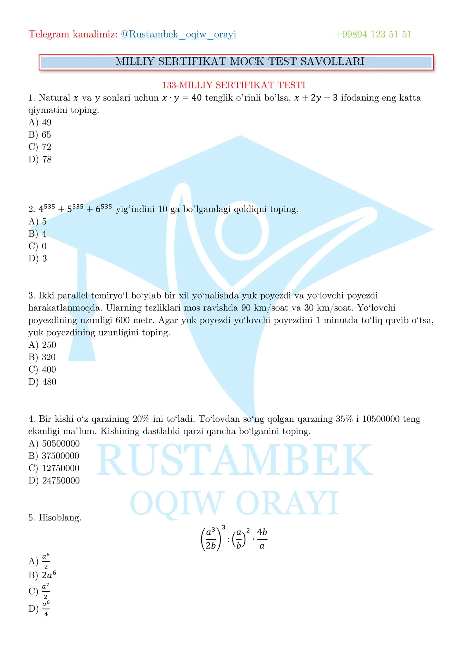 MILLIY SERTIFIKAT TESTI MATEMATIKA