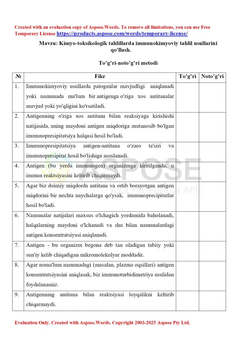 14. Kimyo-toksikologik tahlillarda immunokimyoviy tahlil usullarini qo'llash. To'g'ri-noto'g'ri metodi 1-xil.