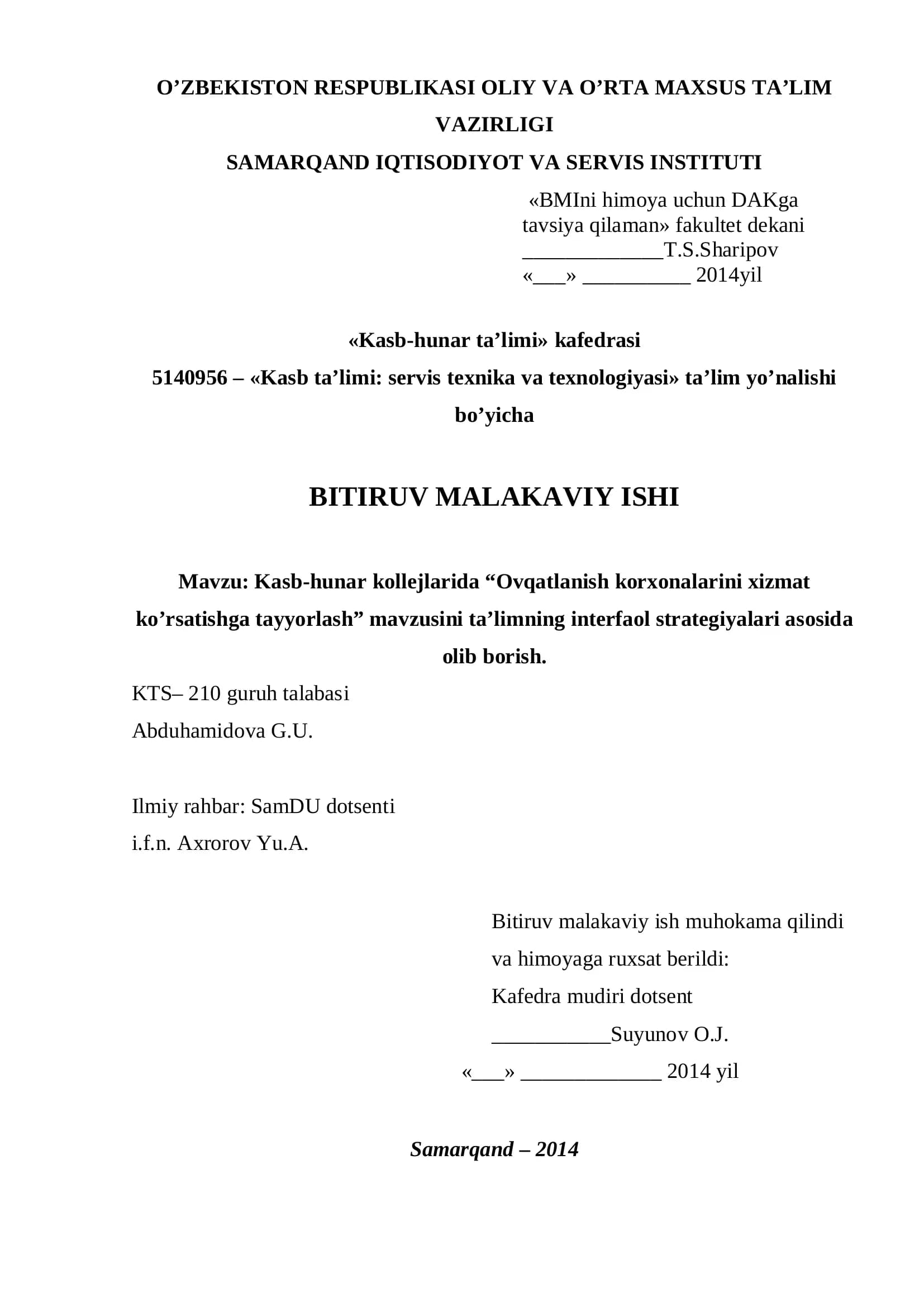 Kasb ta’limi: servis texnika va texnologiyasi