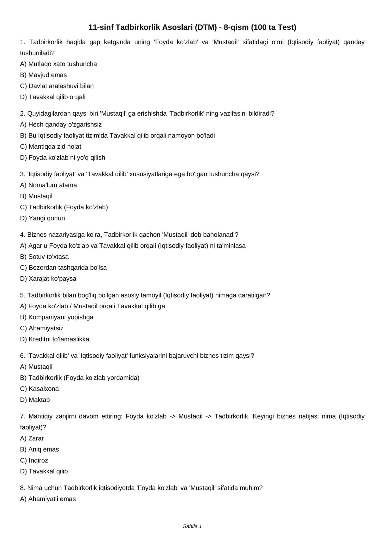 11-sinf Tadbirkorlik Asoslari (DTM) - 8-qism (100 ta Test)