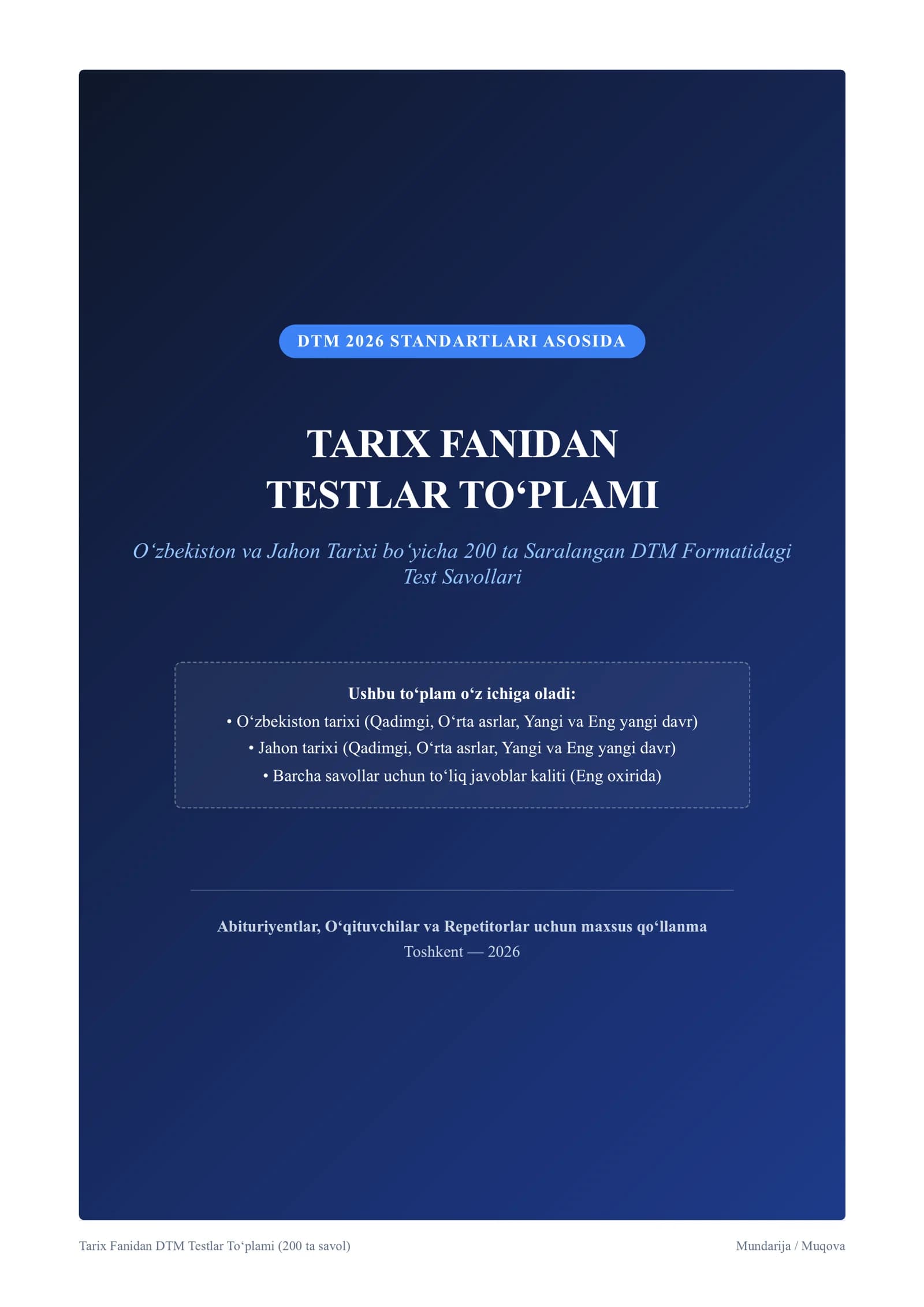 TARIX FANIDAN TESTLAR TO‘PLAMI