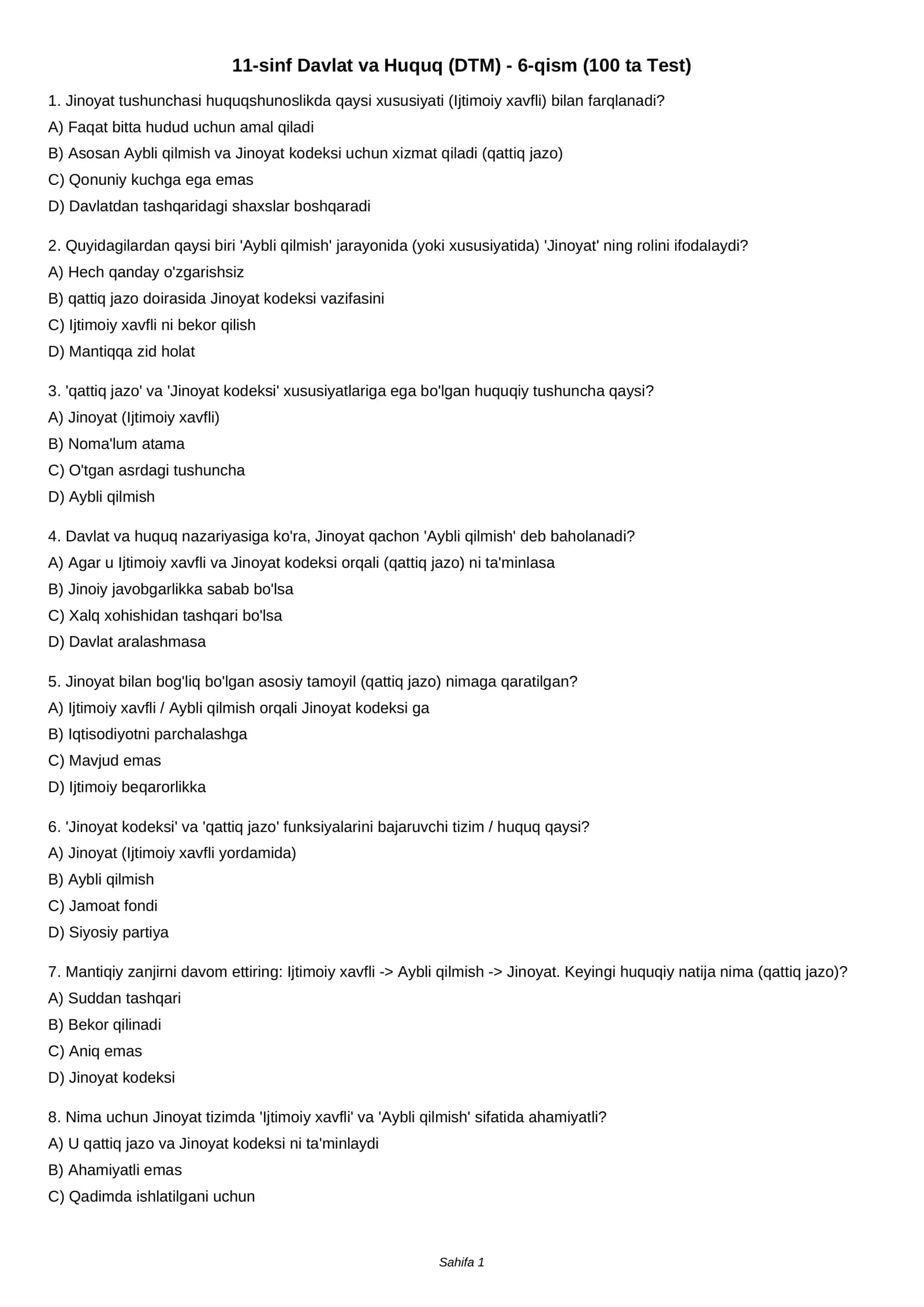 11-sinf Davlat va Huquq (DTM) - 6-qism (100 ta Test)