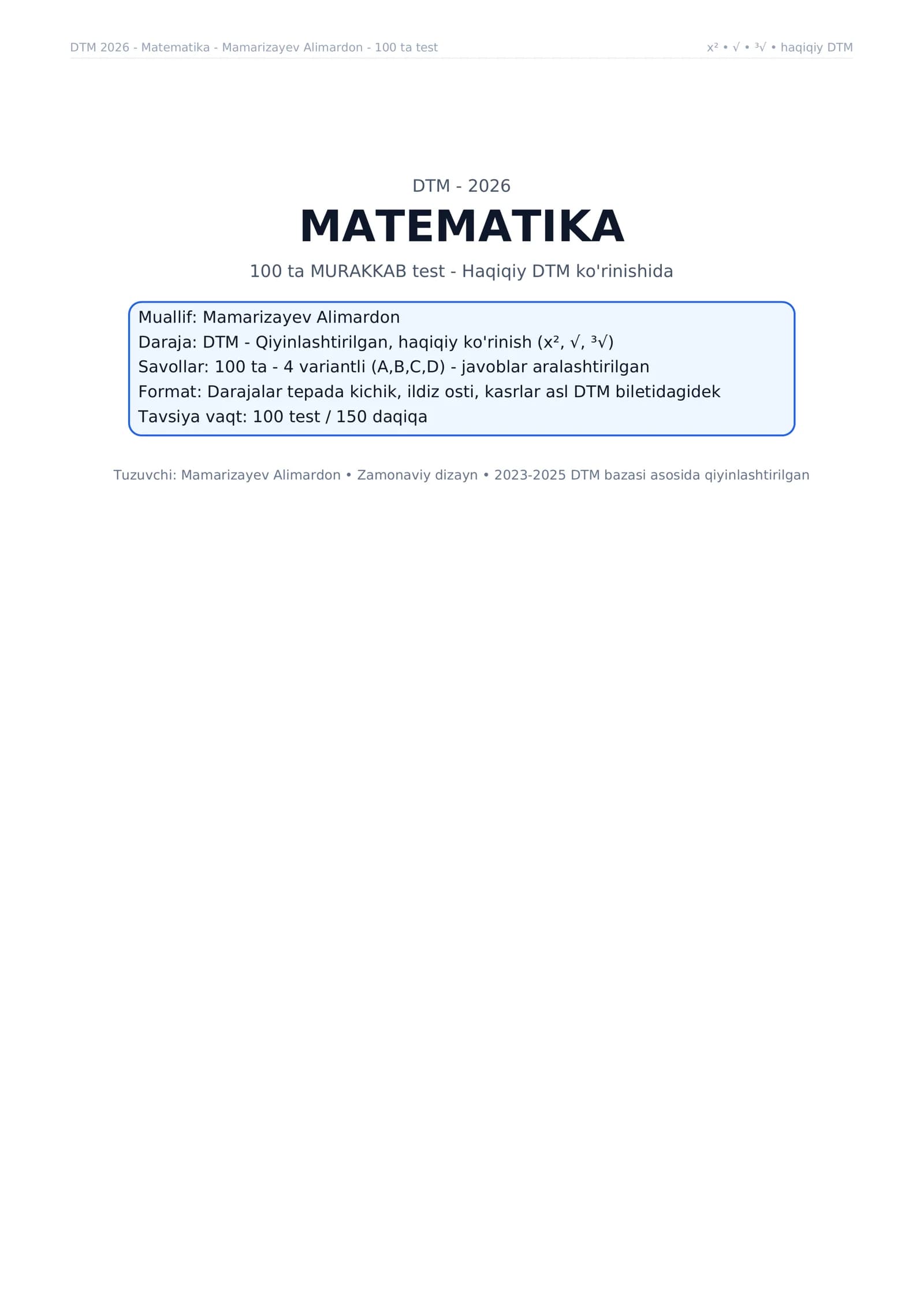 Matematika DTM dan 100 ta testlar to'plami