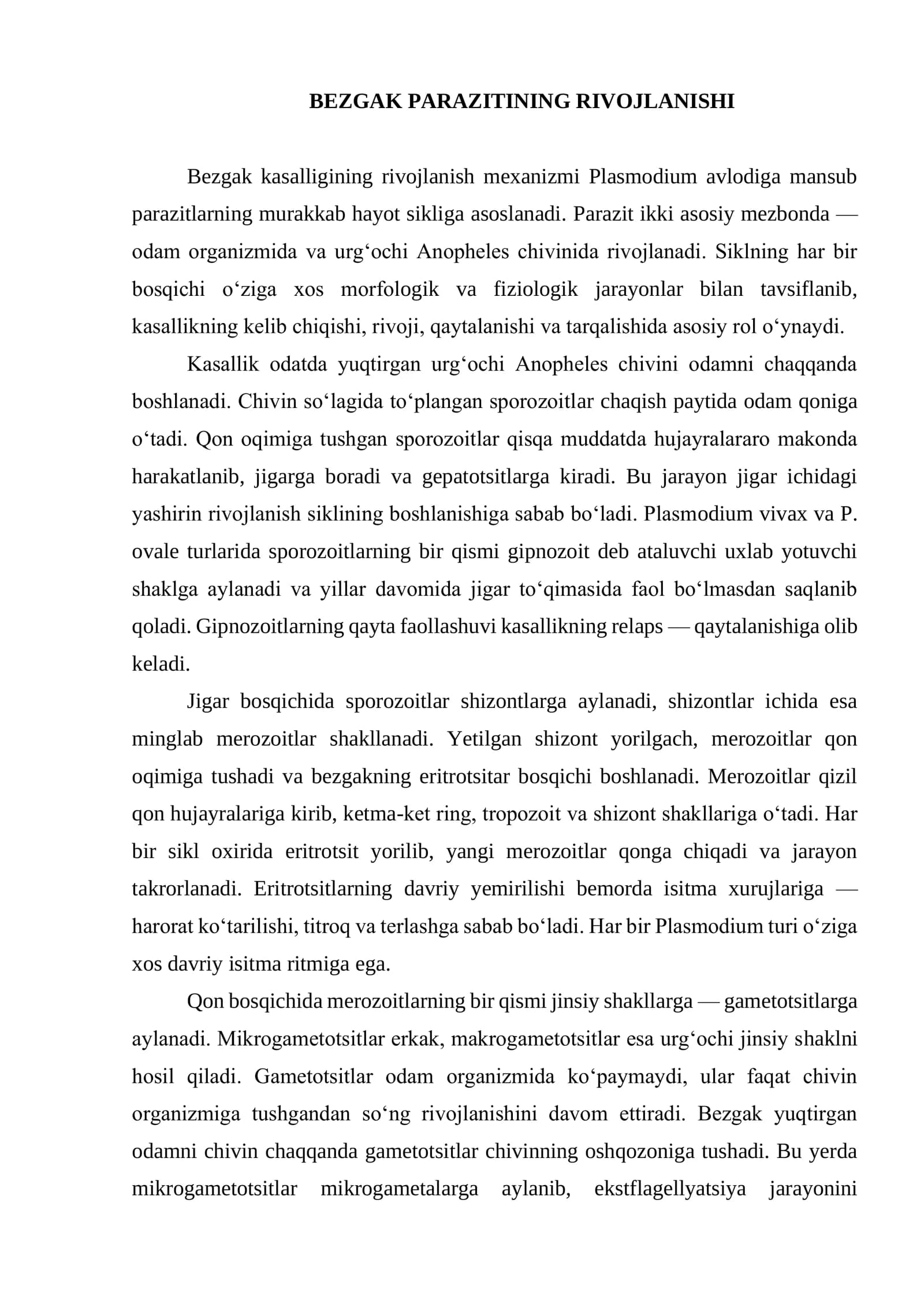 BEZGAK PARAZITINING RIVOJLANISHI