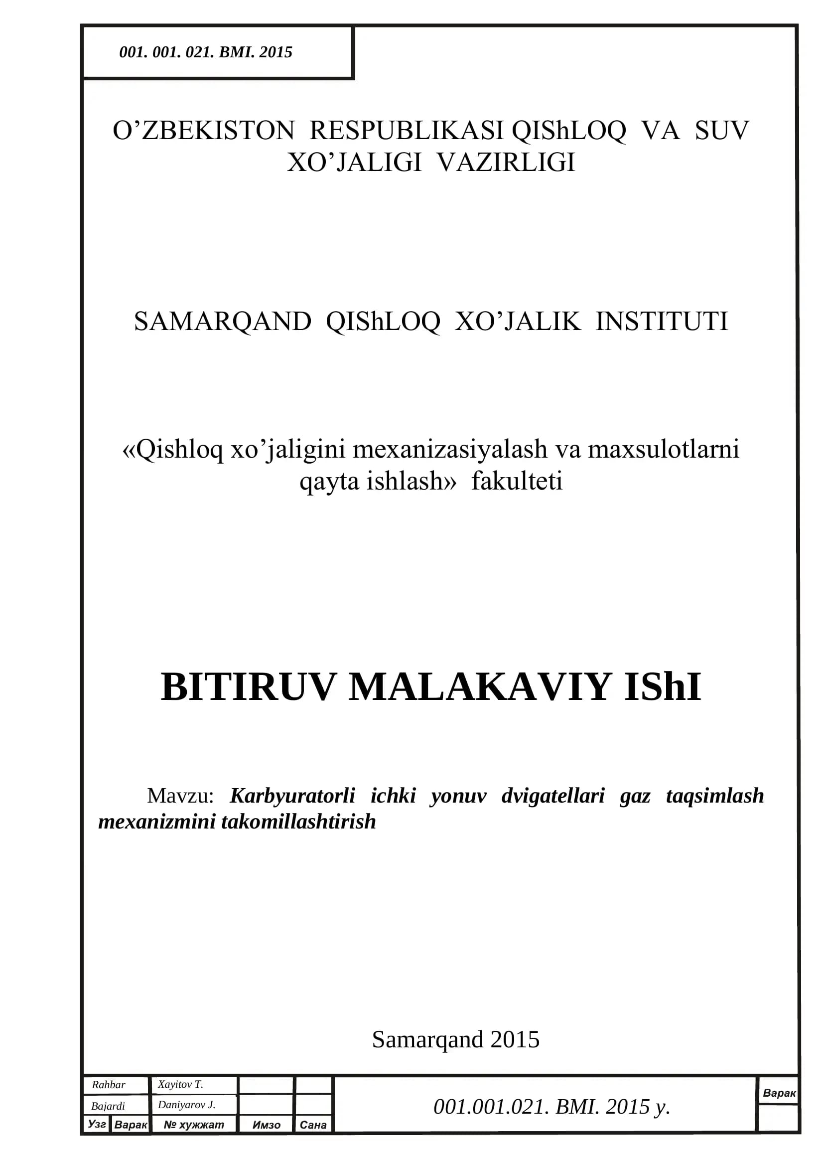 Karbyuratorli ichki yonuv dvigatellari gaz taqsimlash mexanizmini takomillashtirish