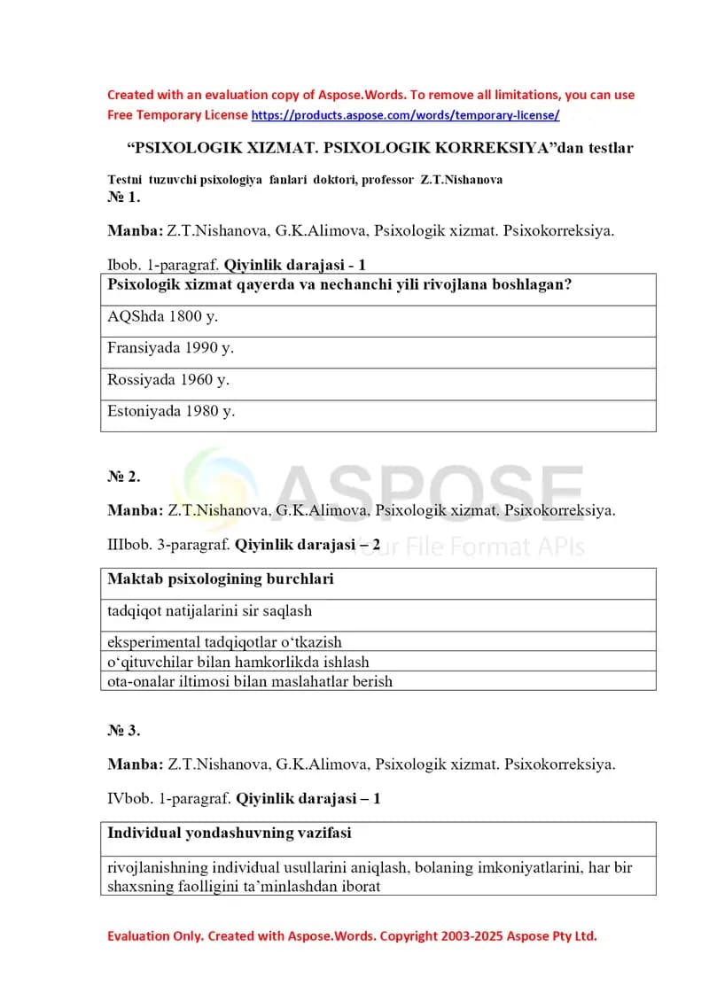 PSIXOLOGIK XIZMAT. PSIXOLOGIK KORREKSIYA testlari