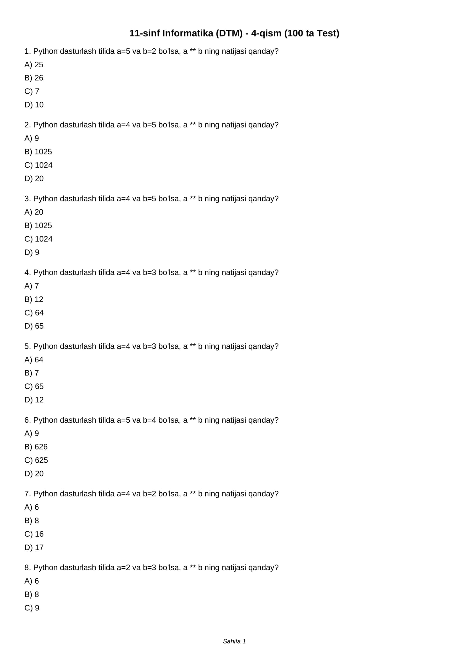 11-sinf Informatika (DTM) - 4-qism (100 ta Test)