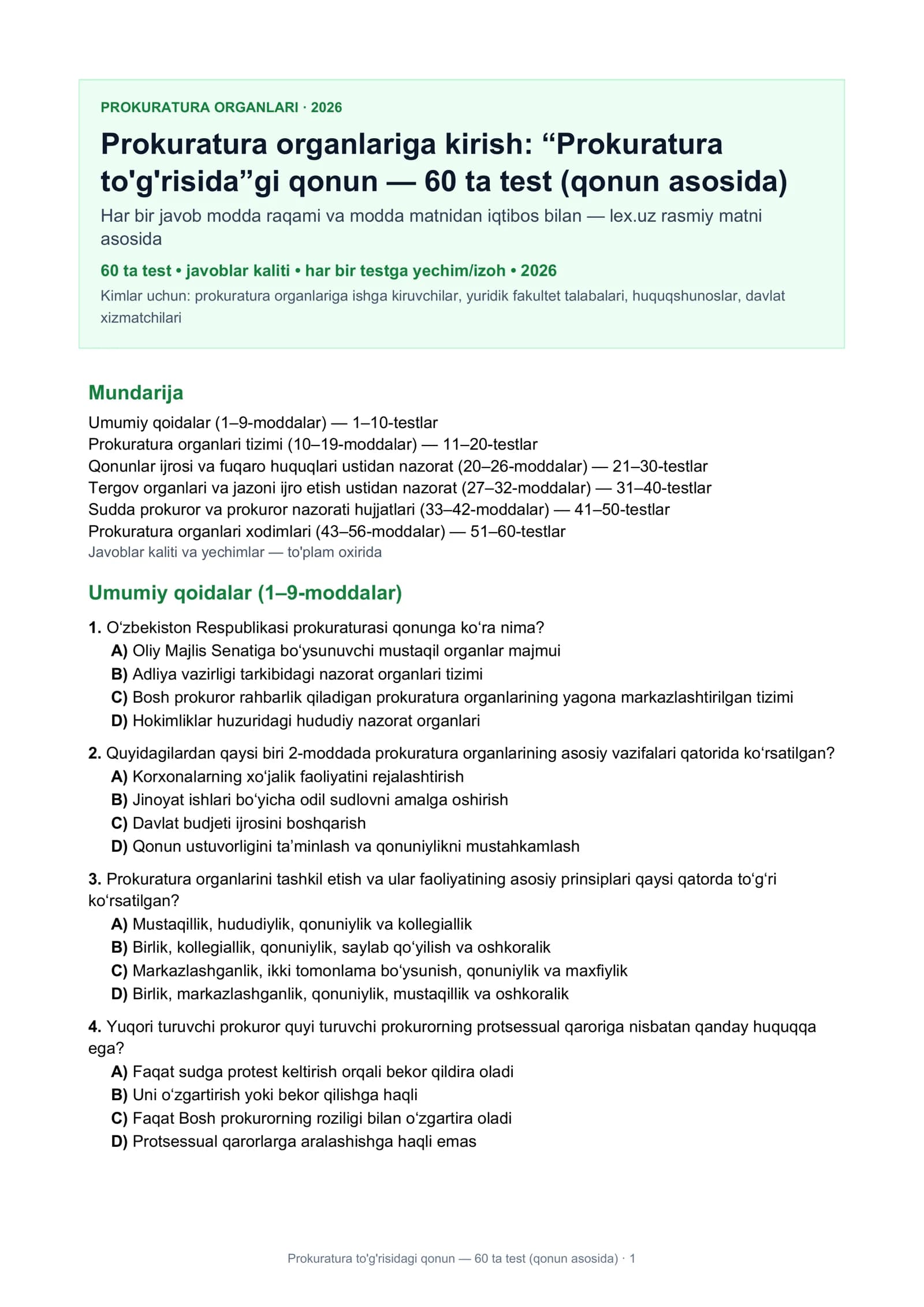 Prokuratura to'g'risidagi qonun — 60 ta test (qonun asosida)