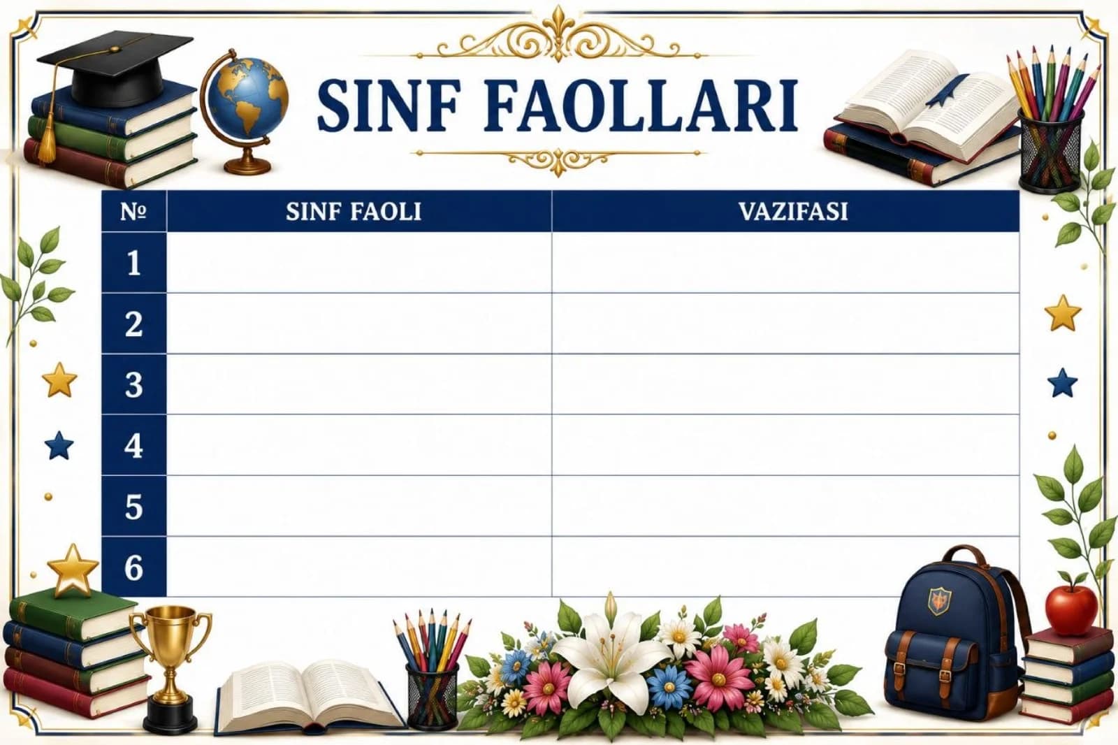 Sinf burchagi uchun uquvchilar ro'yxati va sinf faollari