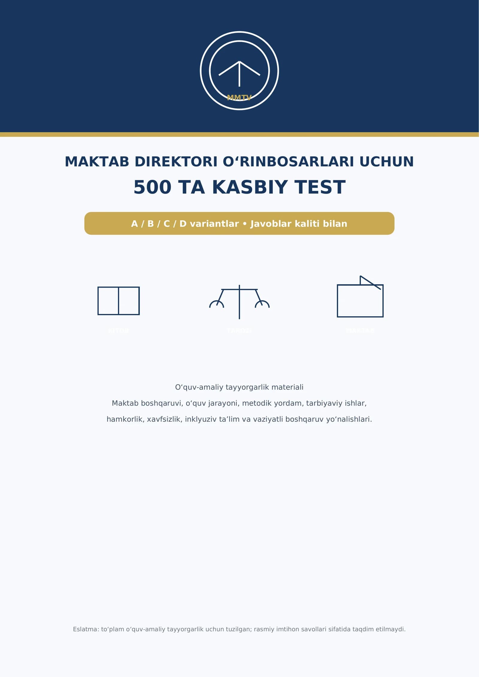 MAKTAB DIREKTORI O‘RINBOSARLARI UCHUN 500 TA KASBIY TEST