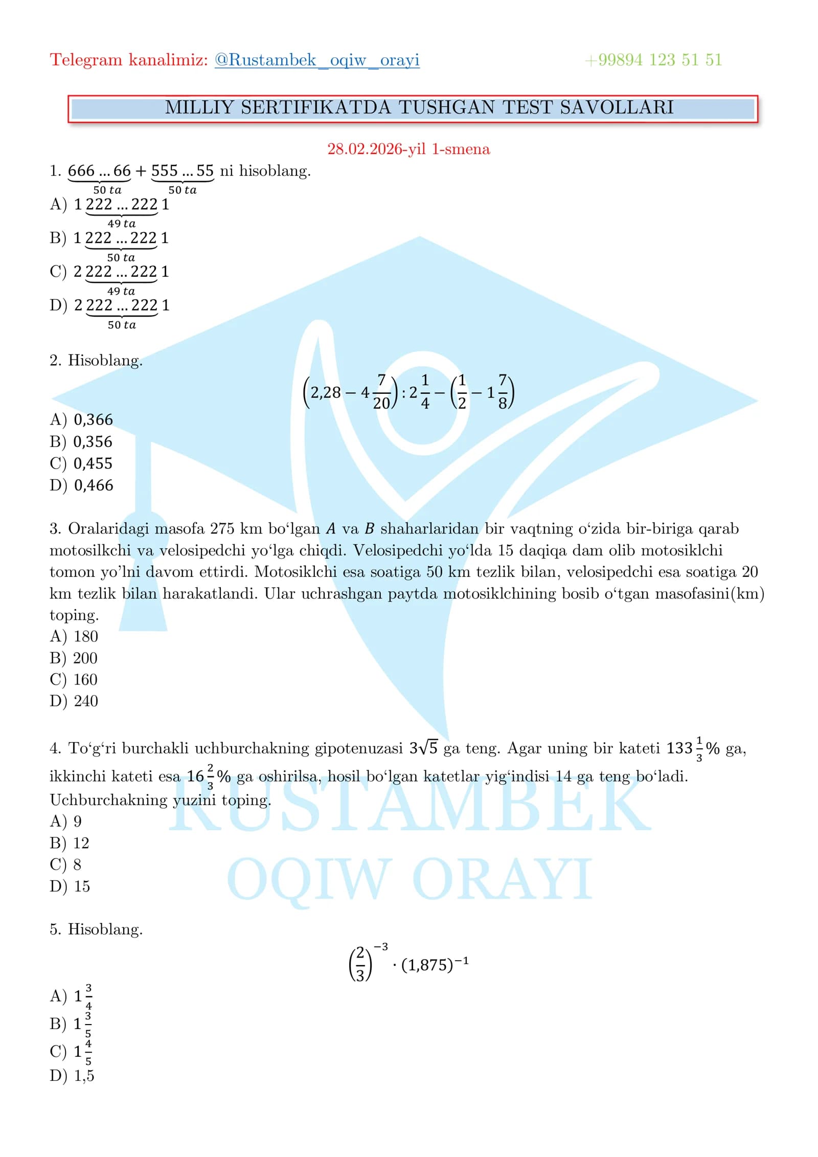 MILLIY SERTIFIKATDA TUSHGAN TEST SAVOLLARI