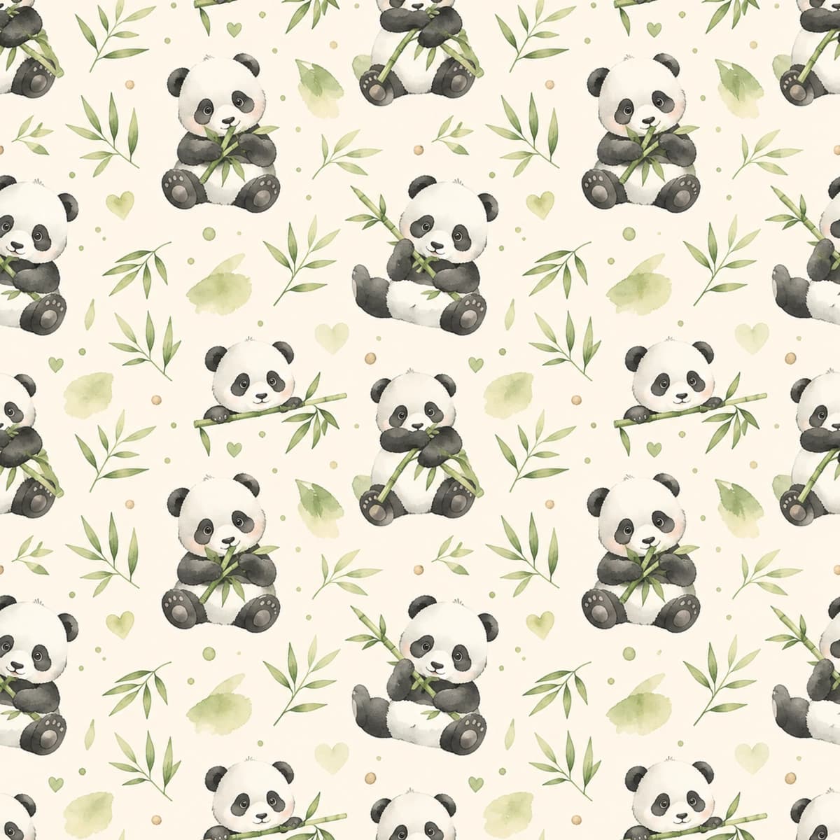 Akvarel uslubidagi yoqimtoy panda va bambukli seamless pattern (2D Vektor)