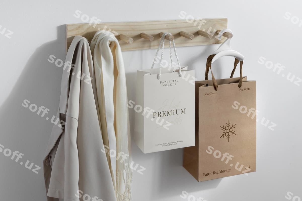 Qog'oz pocta mockup asotsiatori | Paper bag mockup hanger