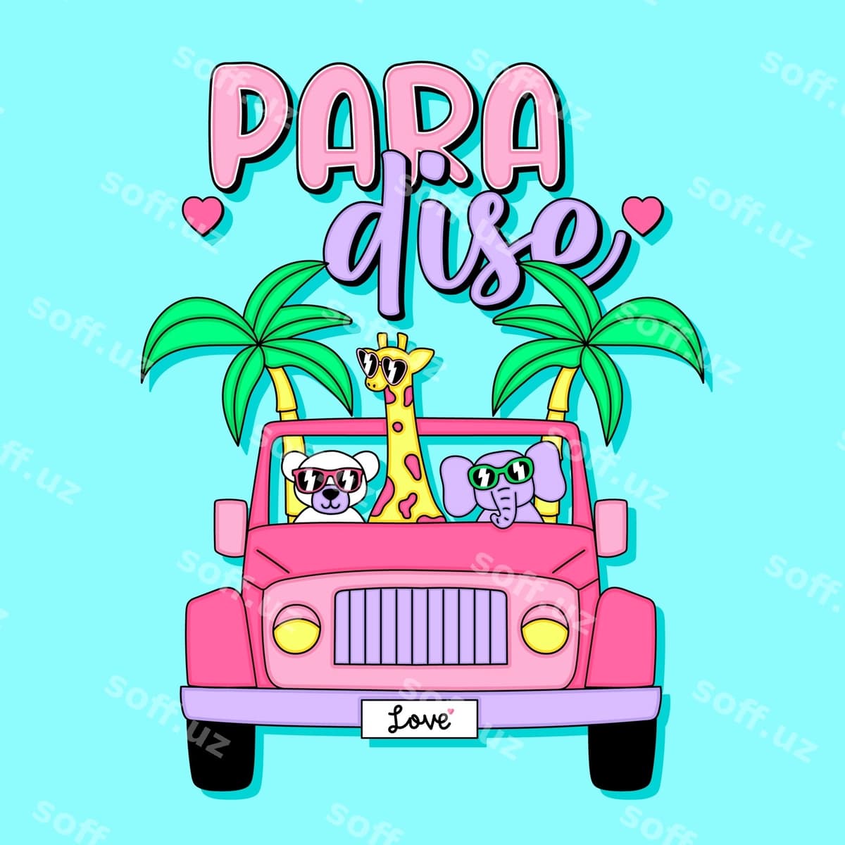 Jannat yo'l safari heyvonlar bilan binafshek mashina | Paradise road trip with animals pink car
